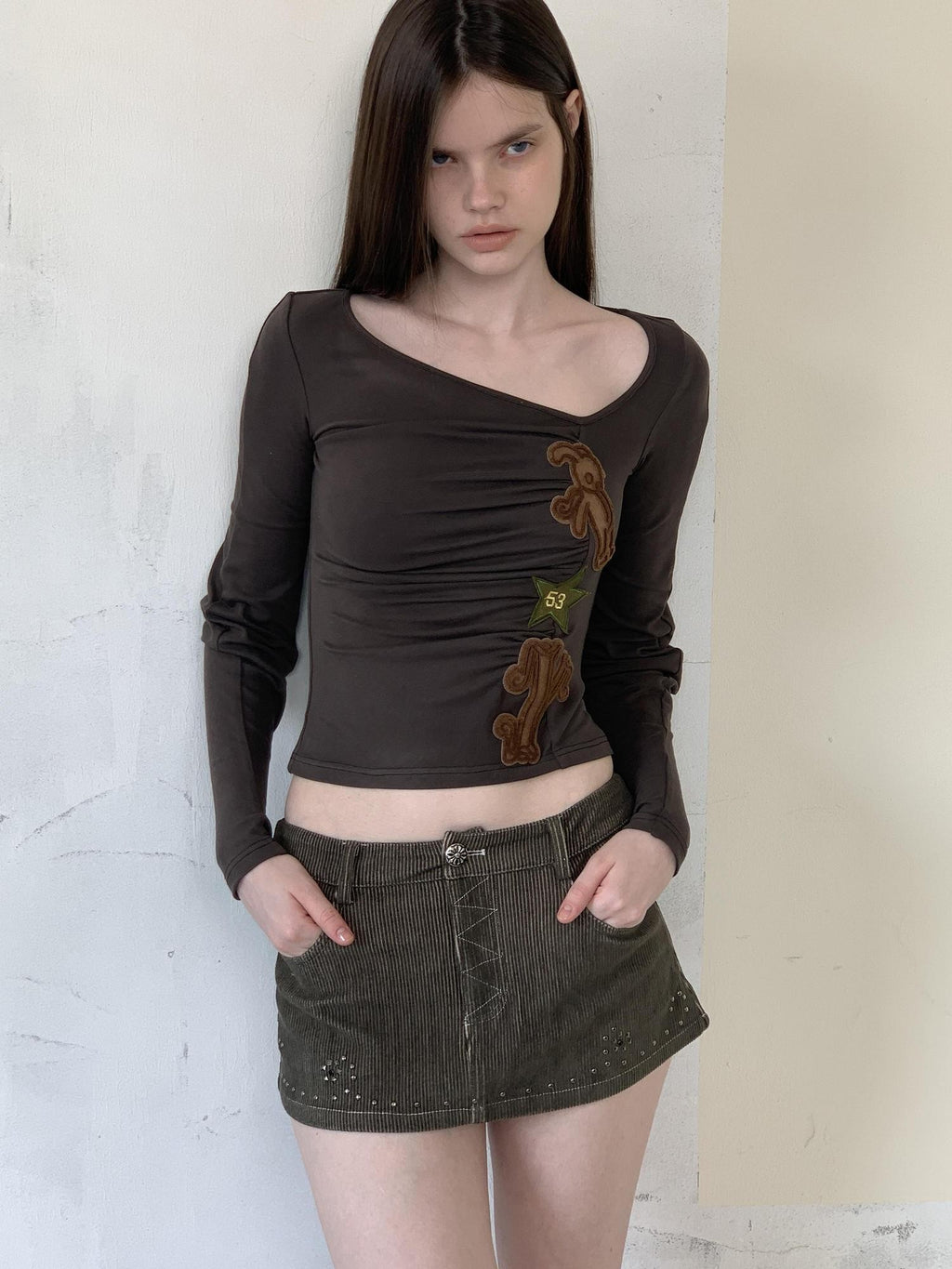 UNIVERSE Olive Green Baroque Rhinestone Bodycon Women's Corduroy Mini Skirts