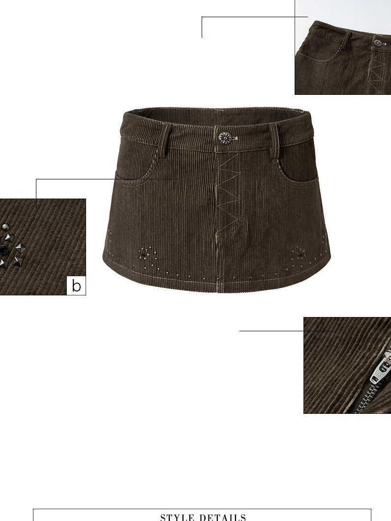 UNIVERSE Olive Green Baroque Rhinestone Bodycon Women's Corduroy Mini Skirts