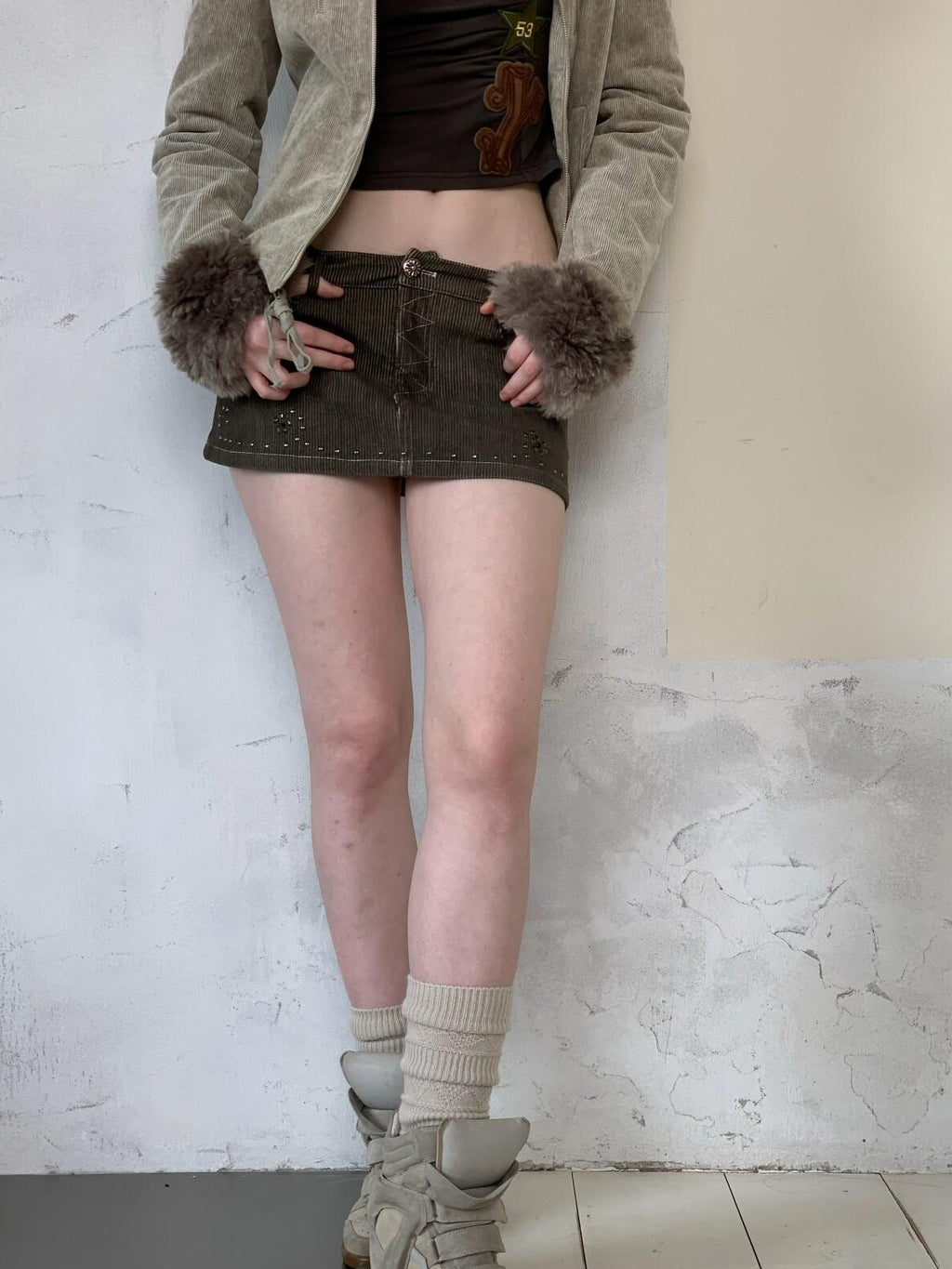 UNIVERSE Olive Green Baroque Rhinestone Bodycon Women's Corduroy Mini Skirts