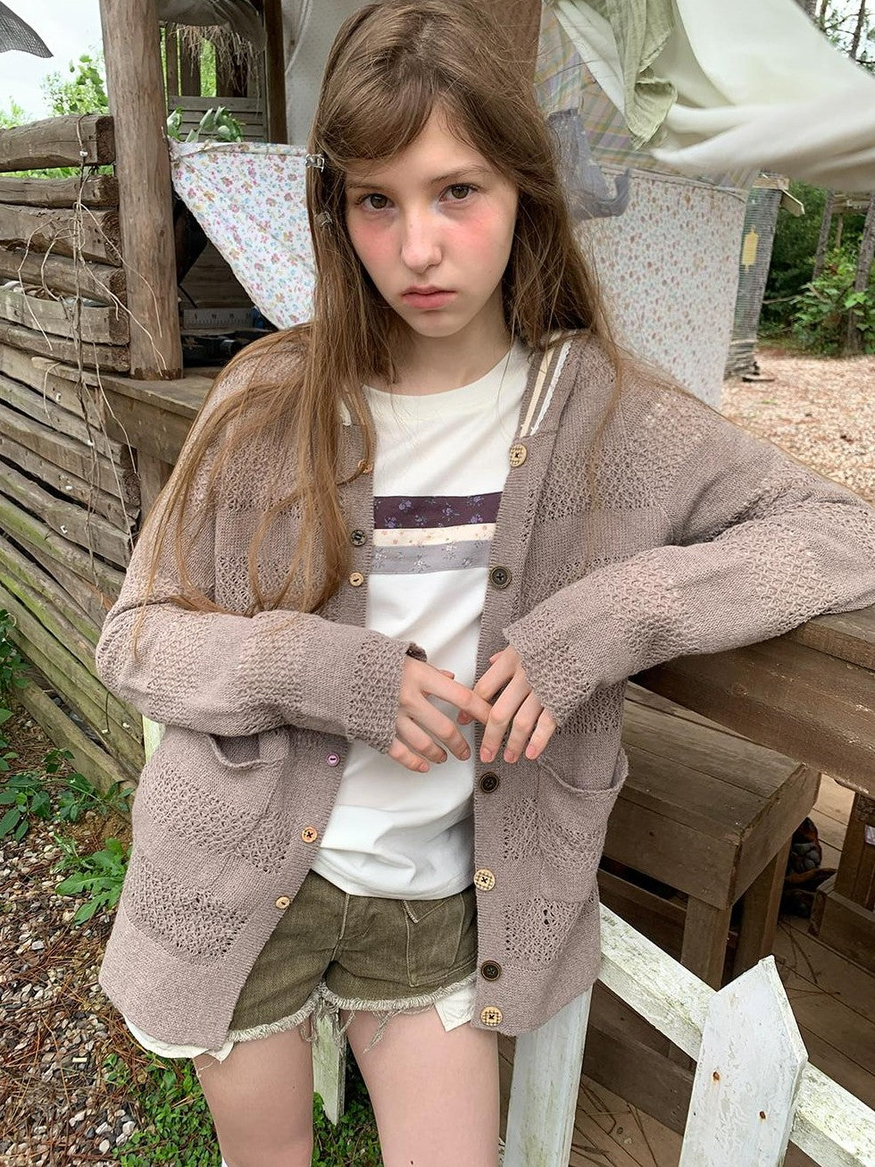 UNIVERSE Open Knit Hooded Striped Button Women's Wool Cardigans