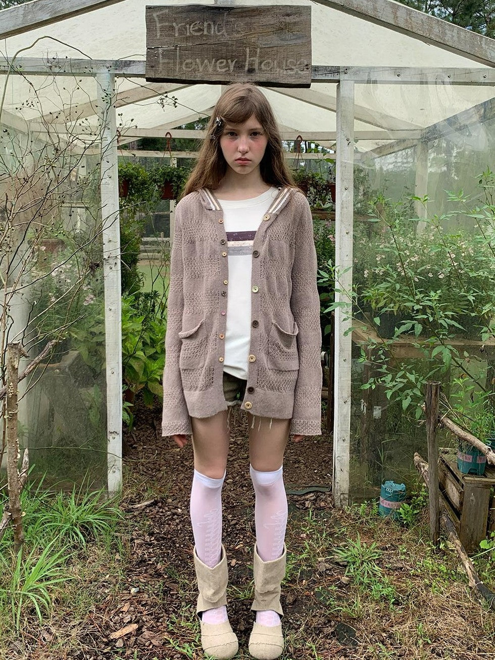 UNIVERSE Open Knit Hooded Striped Button Women's Wool Cardigans