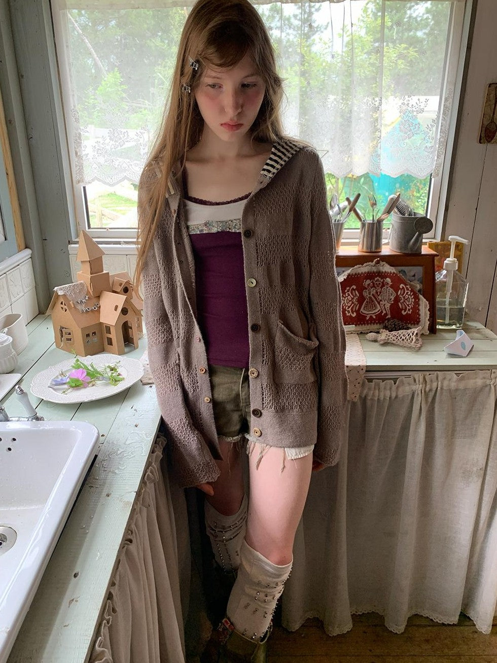 UNIVERSE Open Knit Hooded Striped Button Women's Wool Cardigans