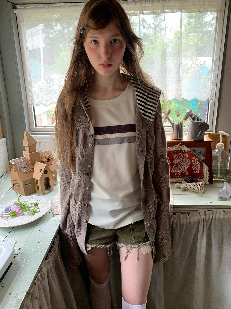 UNIVERSE Open Knit Hooded Striped Button Women's Wool Cardigans
