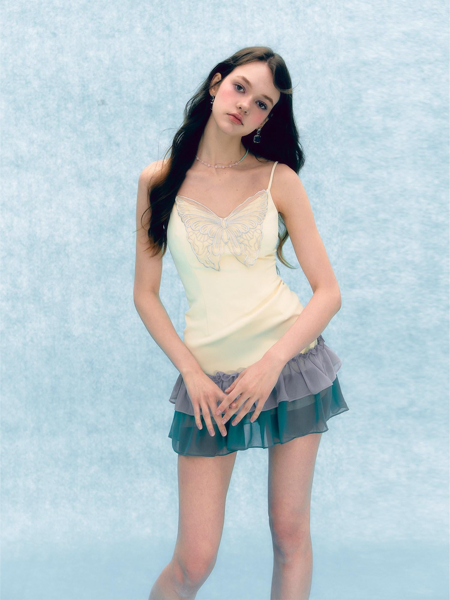 UNIVERSE Pale Yellow Butterfly Embroidered Patchwork Women's Cotton Slip Mini Dresses