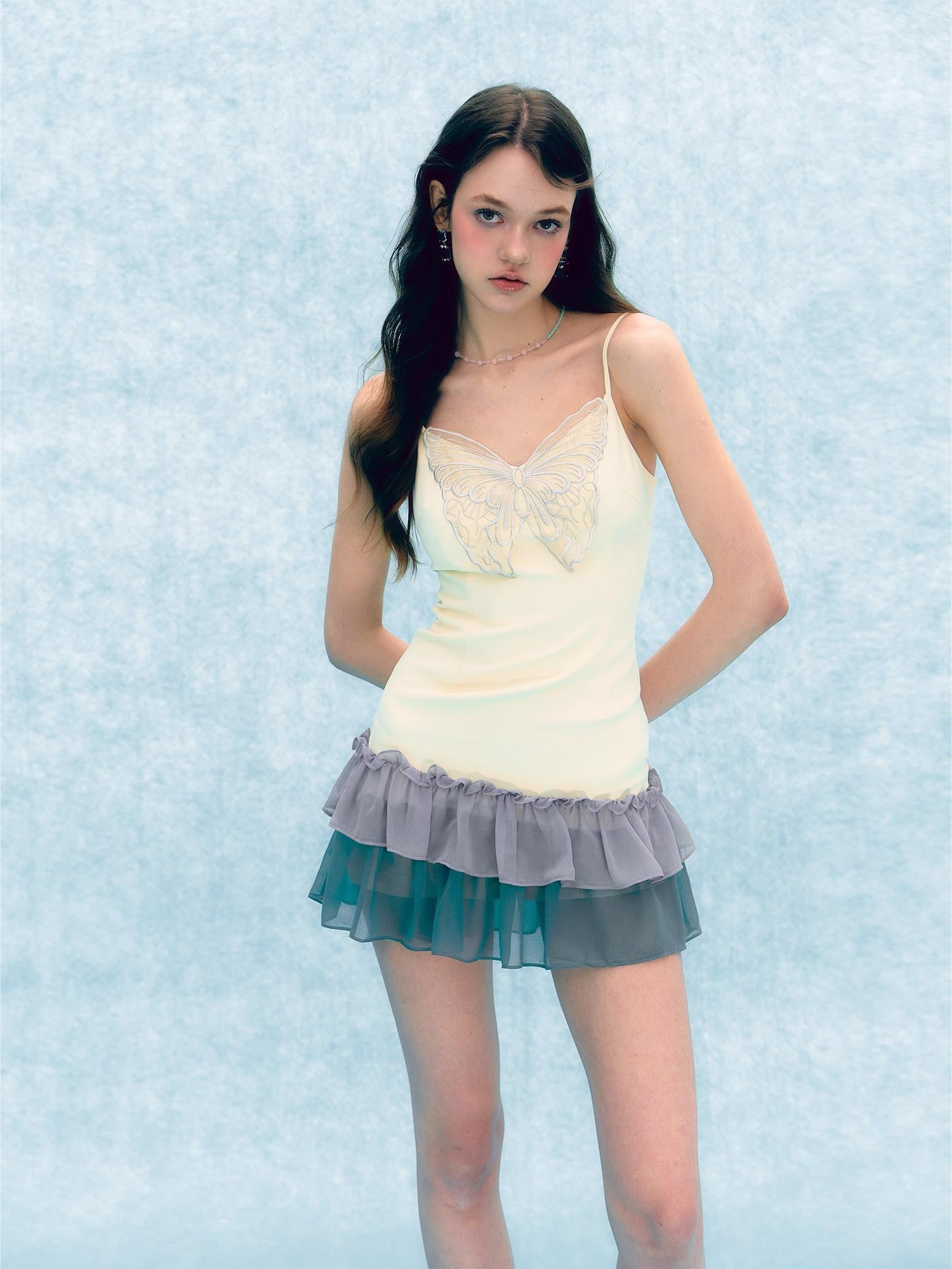 UNIVERSE Pale Yellow Butterfly Embroidered Patchwork Women's Cotton Slip Mini Dresses