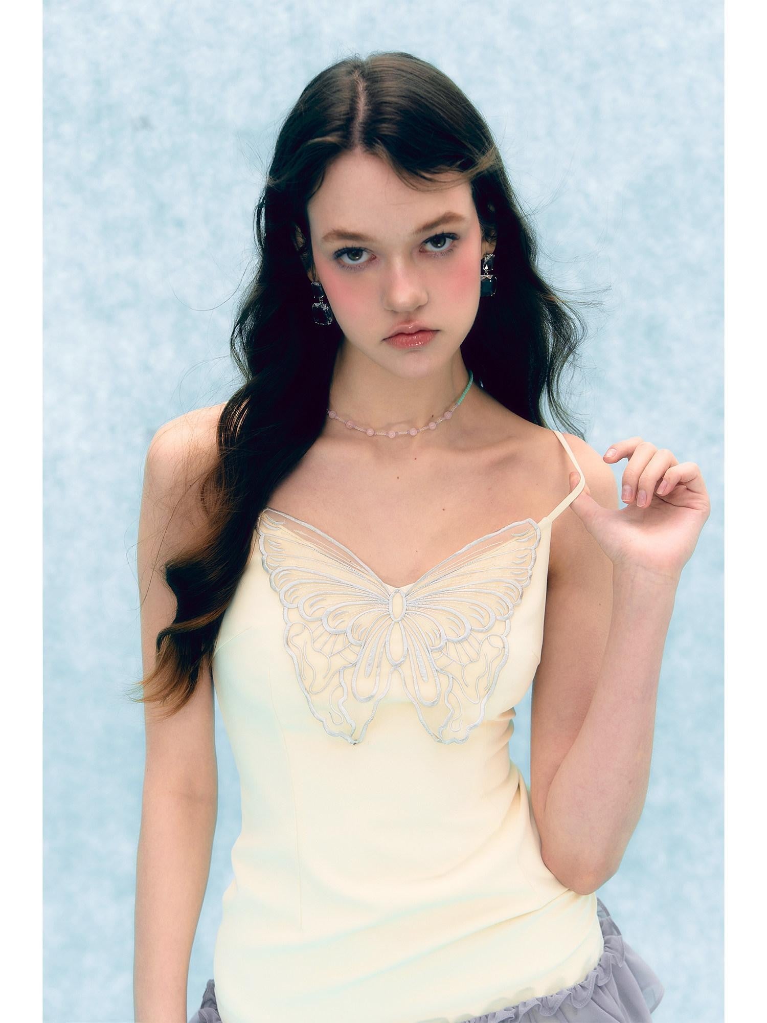 UNIVERSE Pale Yellow Butterfly Embroidered Patchwork Women's Cotton Slip Mini Dresses