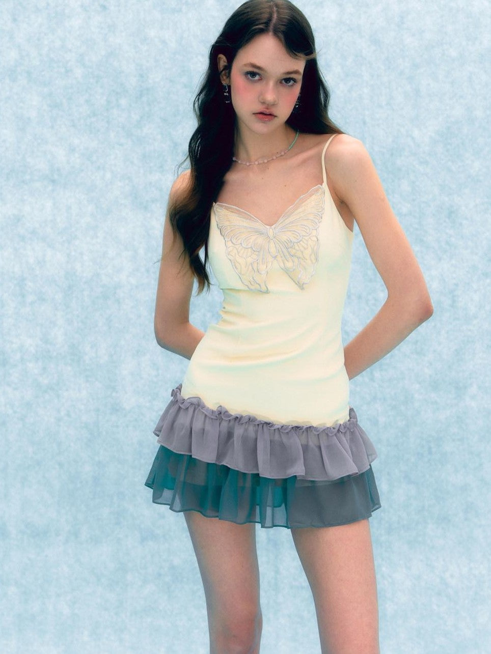 UNIVERSE Pale Yellow Butterfly Embroidered Patchwork Women's Cotton Slip Mini Dresses