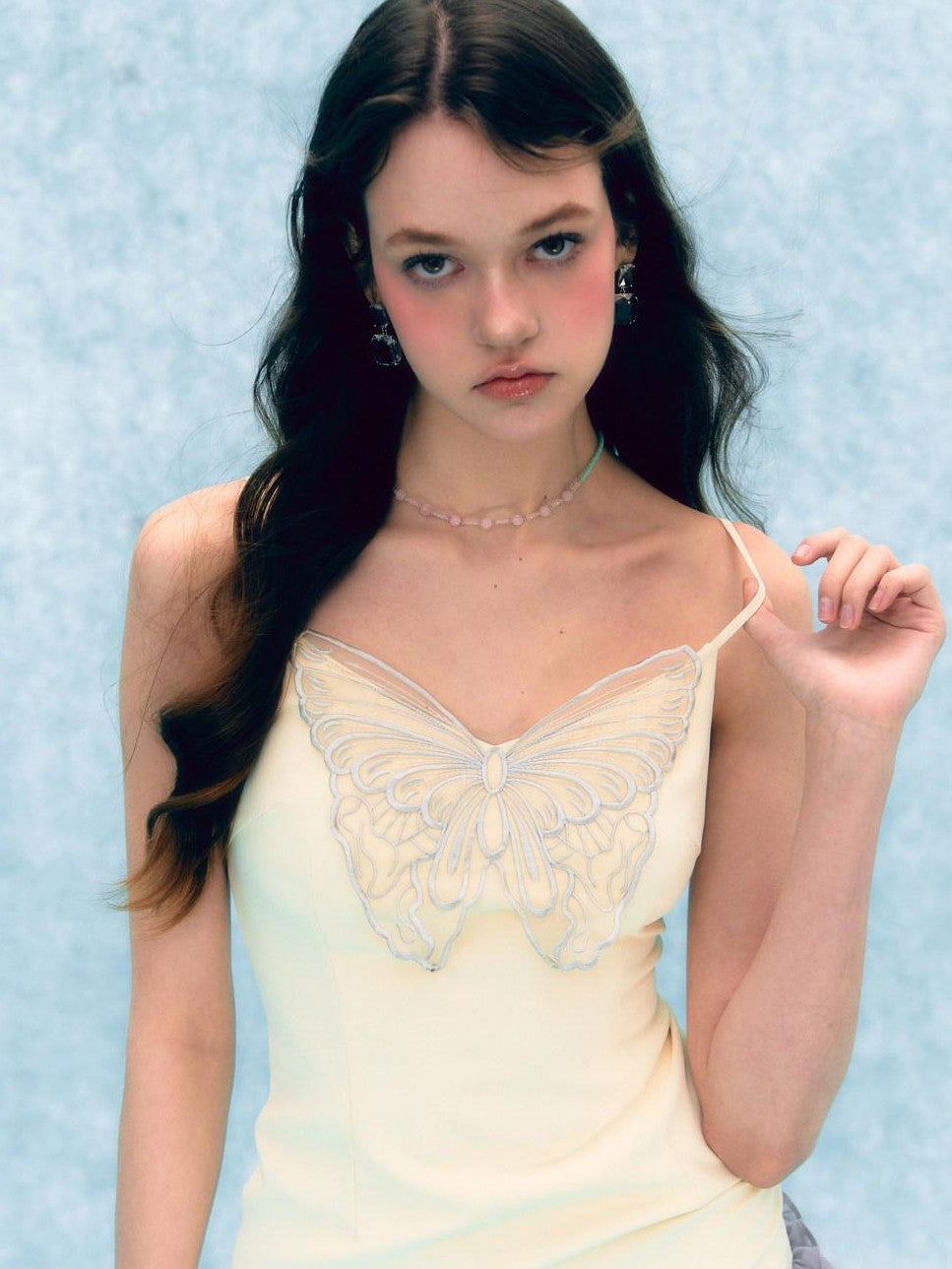UNIVERSE Pale Yellow Butterfly Embroidered Patchwork Women's Cotton Slip Mini Dresses