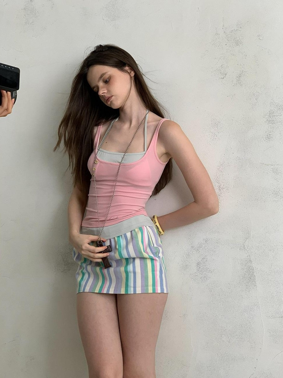 UNIVERSE Pastel Colorful Striped Pleated Elastic Waist Slim Women's Cotton Mini Skirts