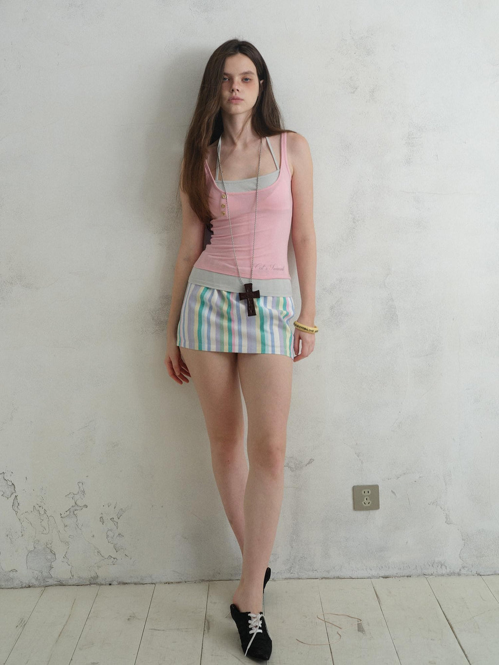 UNIVERSE Pastel Colorful Striped Pleated Elastic Waist Slim Women's Cotton Mini Skirts