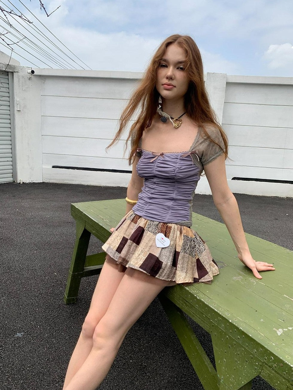 UNIVERSE Patchwork Leopard Tulle Ruching Puff Women's Lyocell Mini Skirts