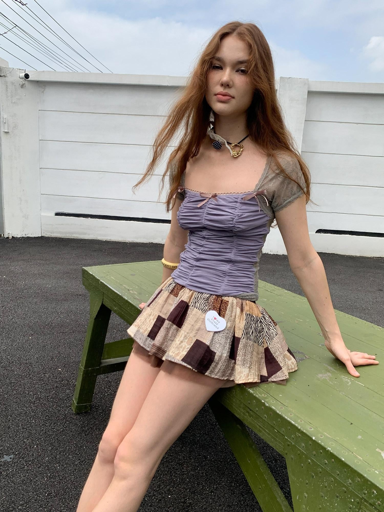 UNIVERSE Patchwork Leopard Tulle Ruching Puff Women's Lyocell Mini Skirts