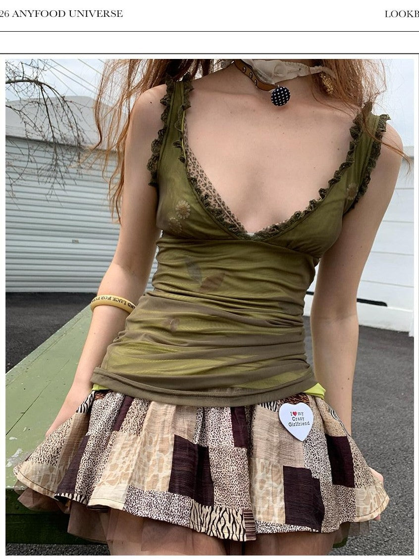 UNIVERSE Patchwork Leopard Tulle Ruching Puff Women's Lyocell Mini Skirts