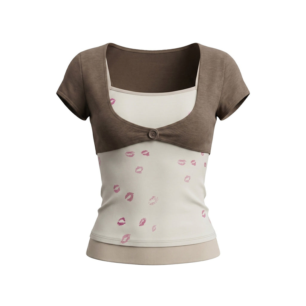 UNIVERSE_Patchwork_Pink_Lip_Print_One_Button_U_Neck_Women's_Modal_Short_Sleeve_T-shirts_1052333843444_MISSTT