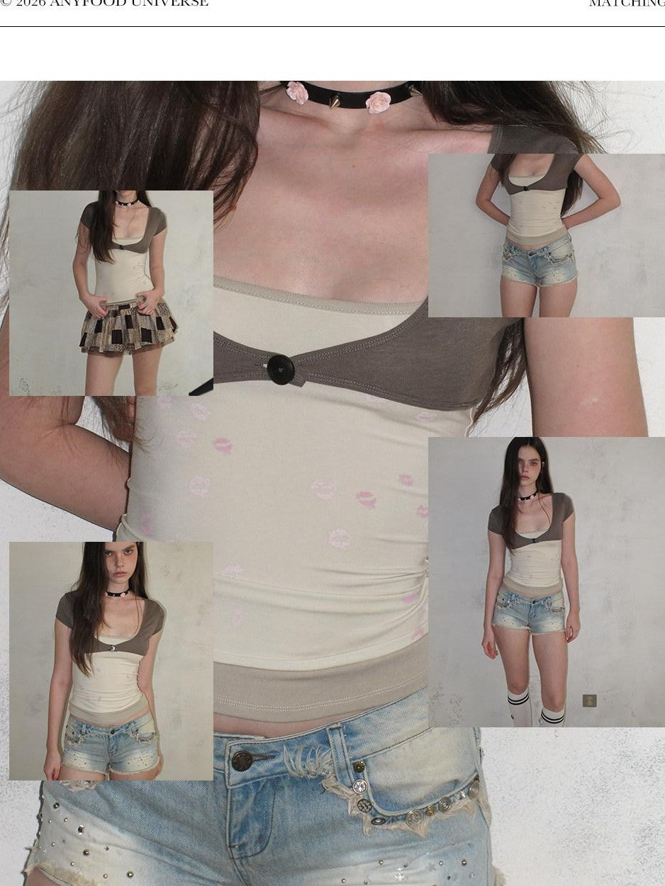 UNIVERSE Patchwork Pink Lip Print One Button U Neck Women's Modal Short Sleeve T-shirts