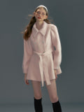 UNIVERSE Pink Single Breasted Tie Waist Lapel Mid Length Women's Wool Blend Wool Coats