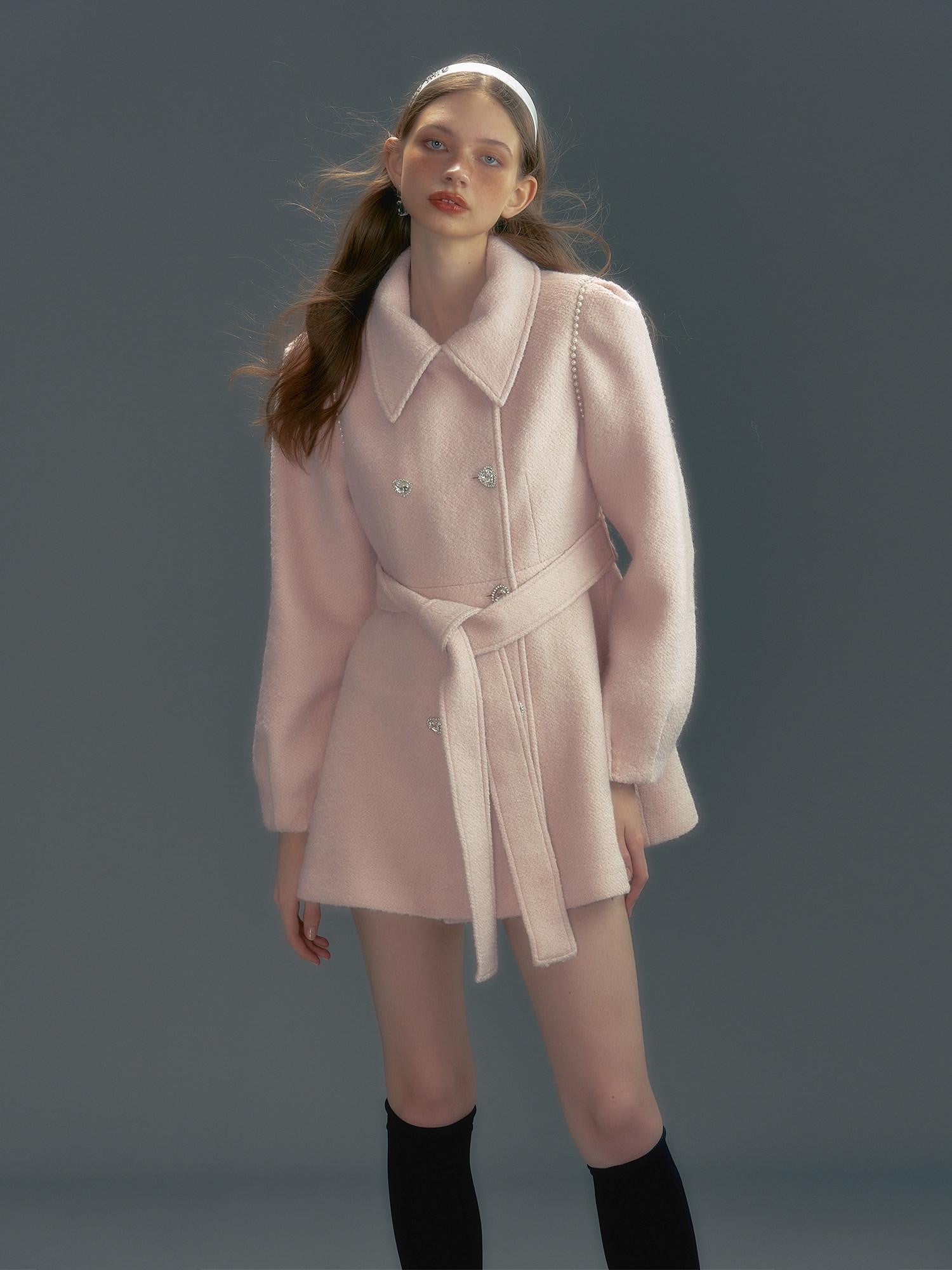 UNIVERSE Pink Single Breasted Tie Waist Lapel Mid Length Women's Wool Blend Wool Coats