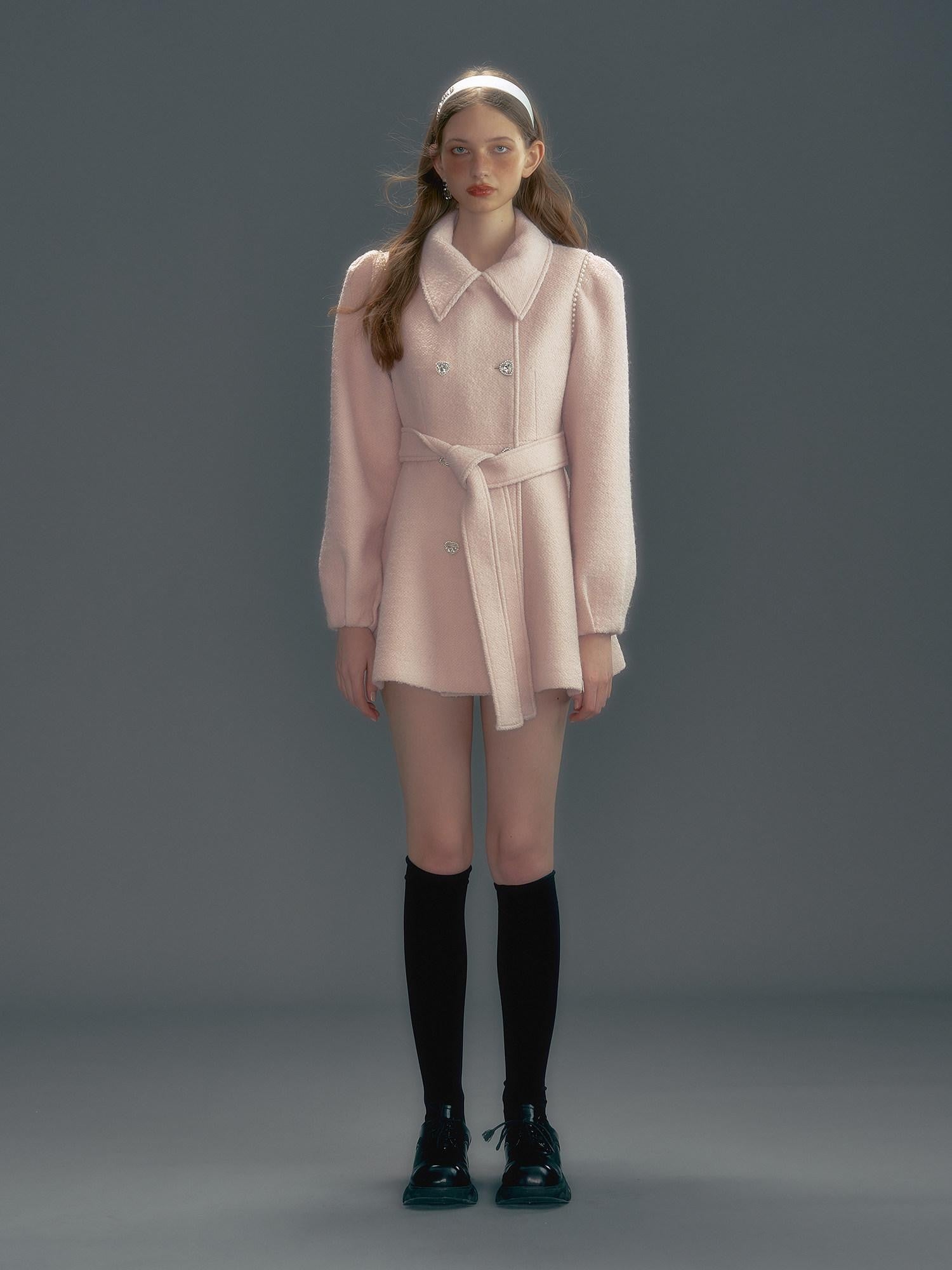 UNIVERSE Pink Single Breasted Tie Waist Lapel Mid Length Women's Wool Blend Wool Coats