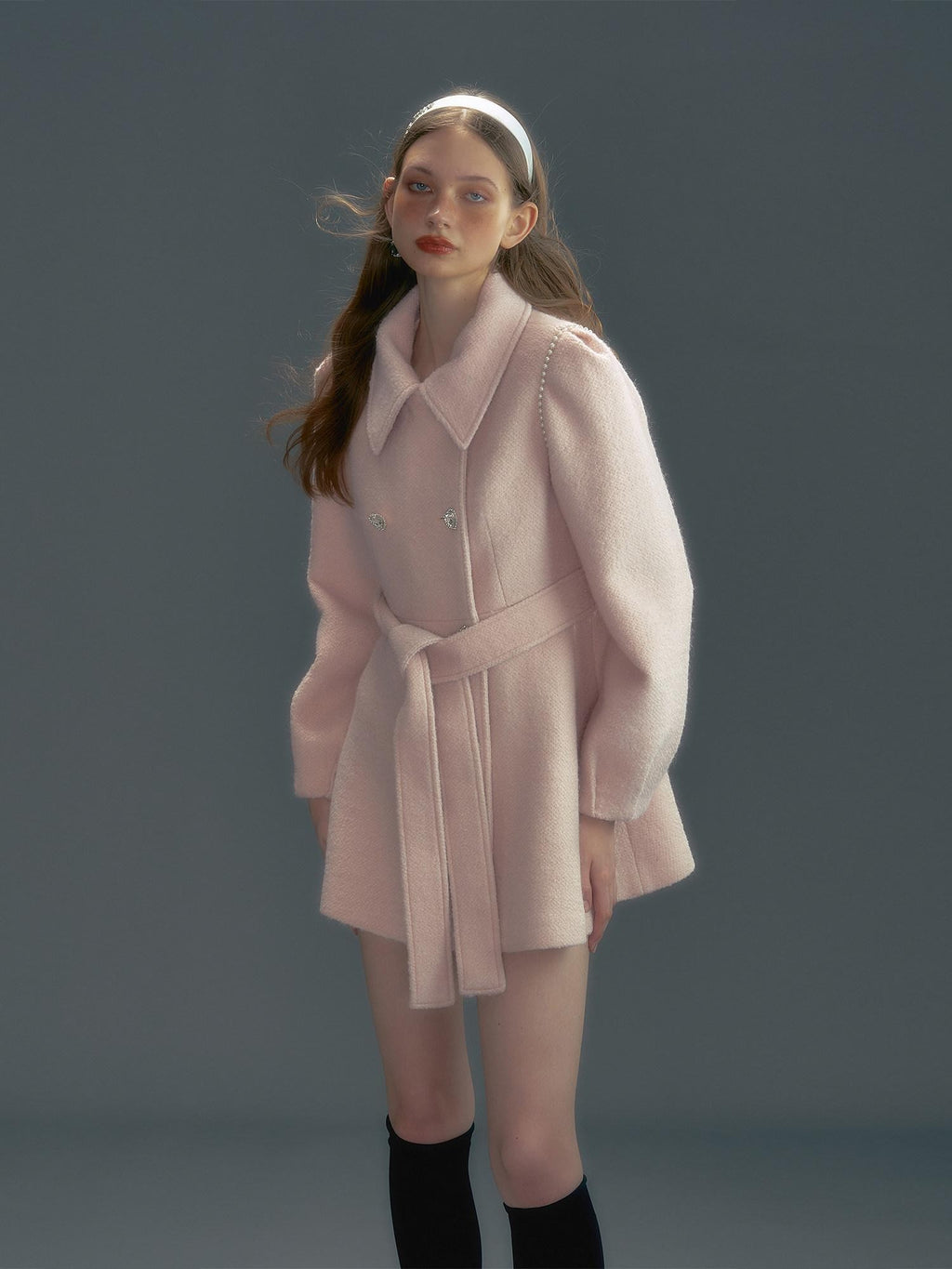UNIVERSE Pink Single Breasted Tie Waist Lapel Mid Length Women's Wool Blend Wool Coats