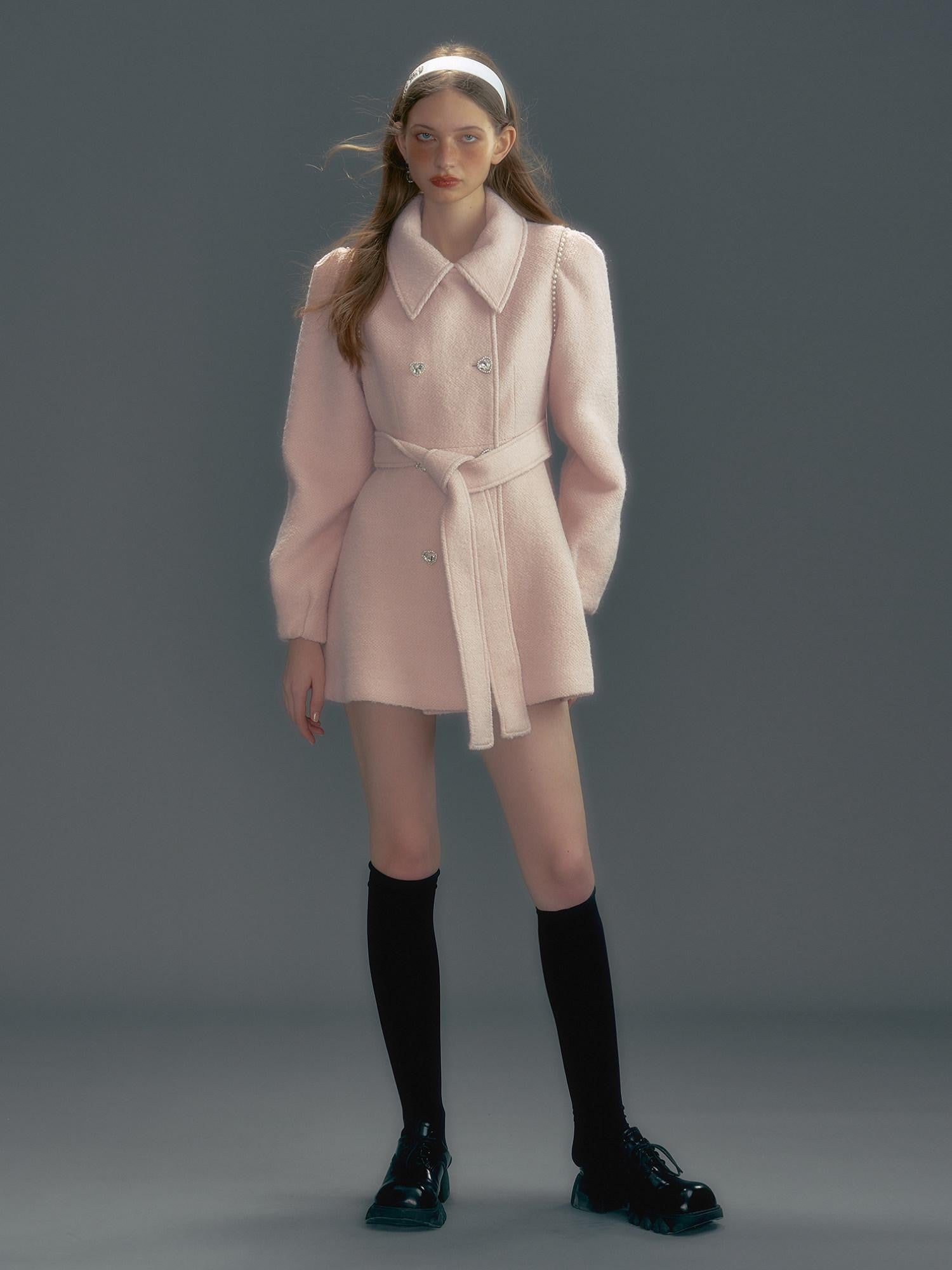 UNIVERSE Pink Single Breasted Tie Waist Lapel Mid Length Women's Wool Blend Wool Coats