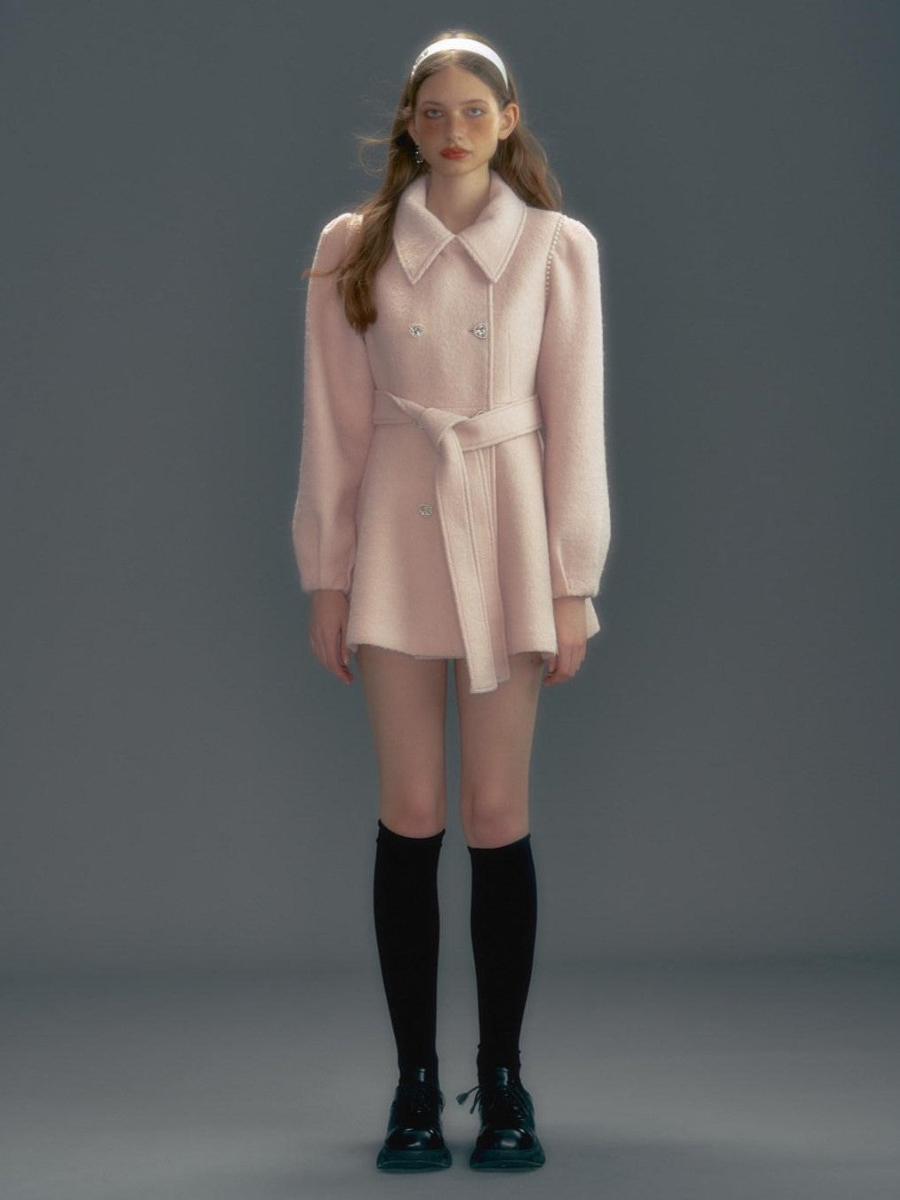 UNIVERSE Pink Single Breasted Tie Waist Lapel Mid Length Women's Wool Blend Wool Coats