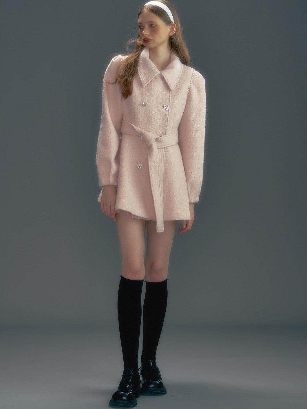 UNIVERSE Pink Single Breasted Tie Waist Lapel Mid Length Women's Wool Blend Wool Coats