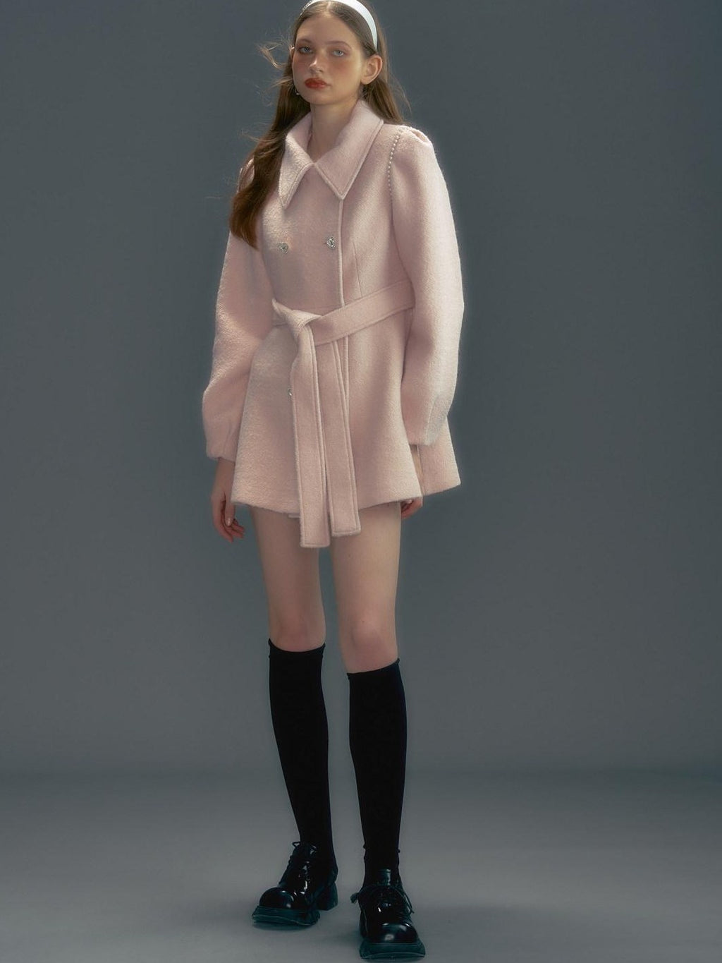 UNIVERSE Pink Single Breasted Tie Waist Lapel Mid Length Women's Wool Blend Wool Coats