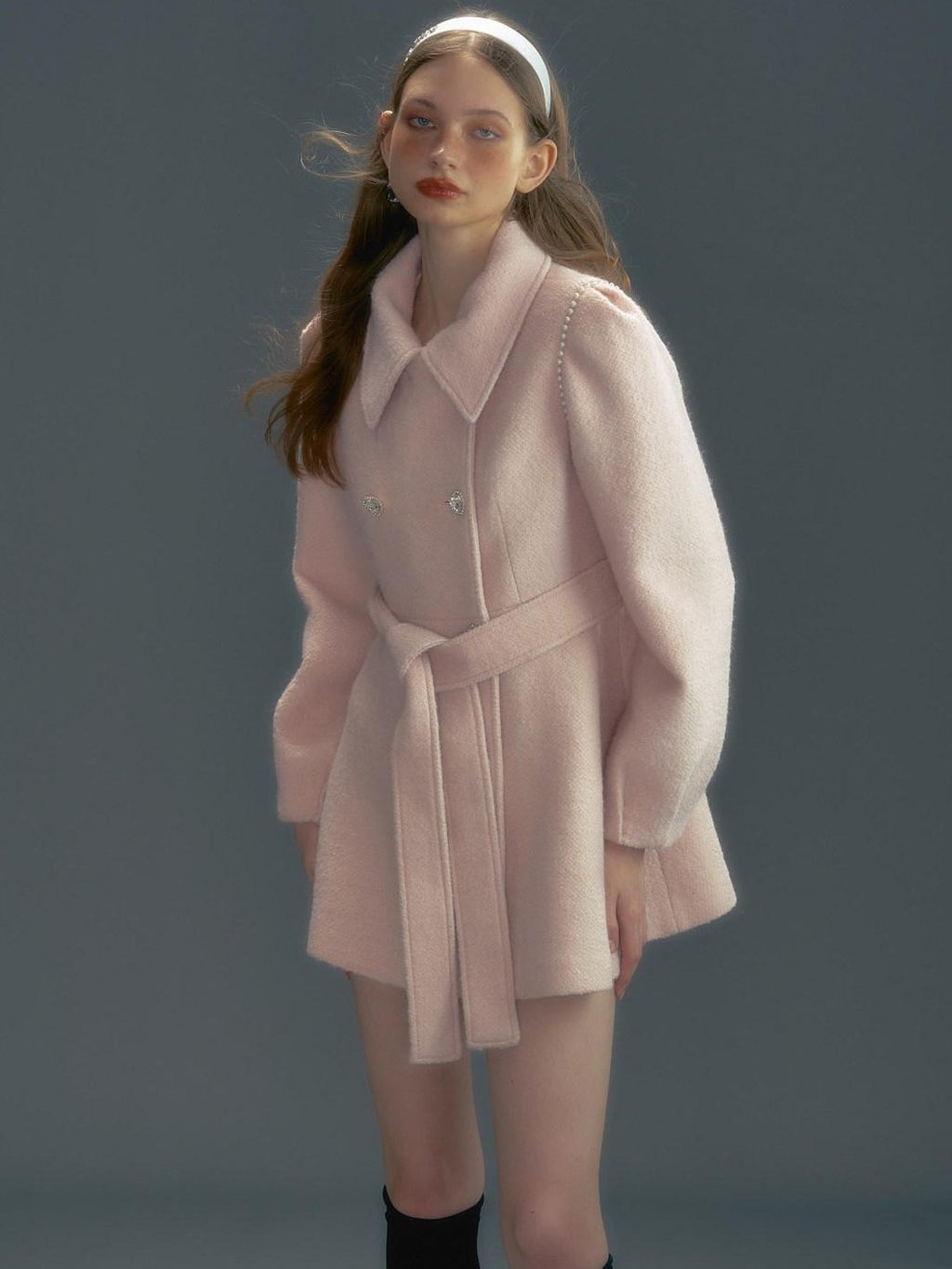 UNIVERSE Pink Single Breasted Tie Waist Lapel Mid Length Women's Wool Blend Wool Coats