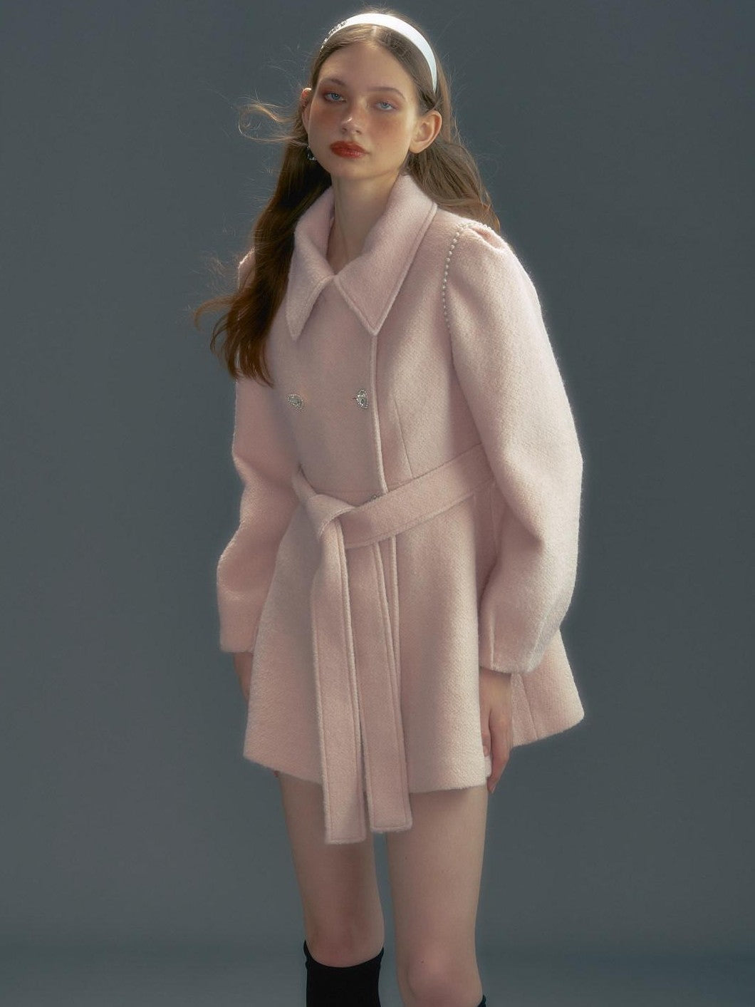 UNIVERSE Pink Single Breasted Tie Waist Lapel Mid Length Women's Wool Blend Wool Coats