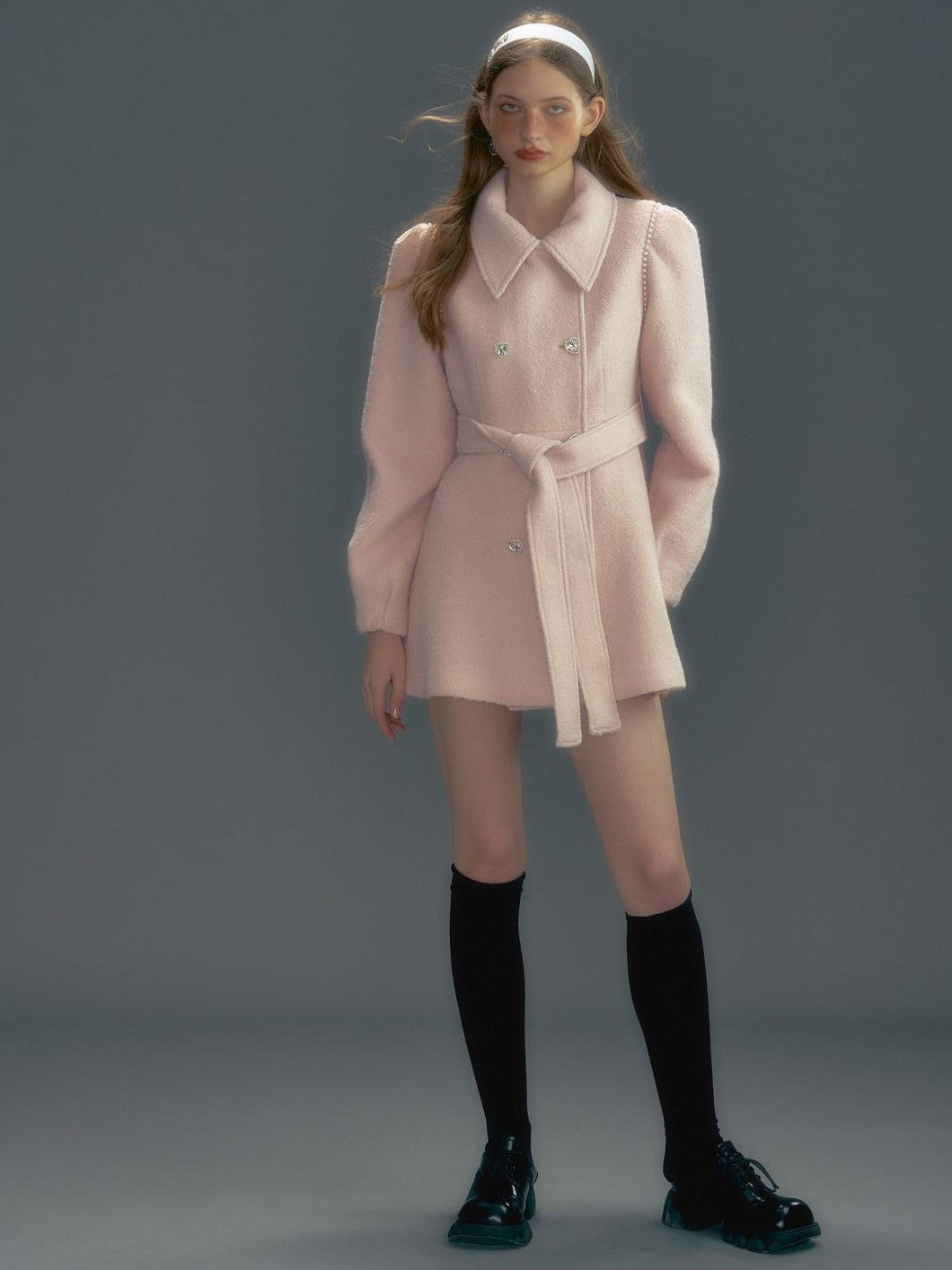 UNIVERSE Pink Single Breasted Tie Waist Lapel Mid Length Women's Wool Blend Wool Coats