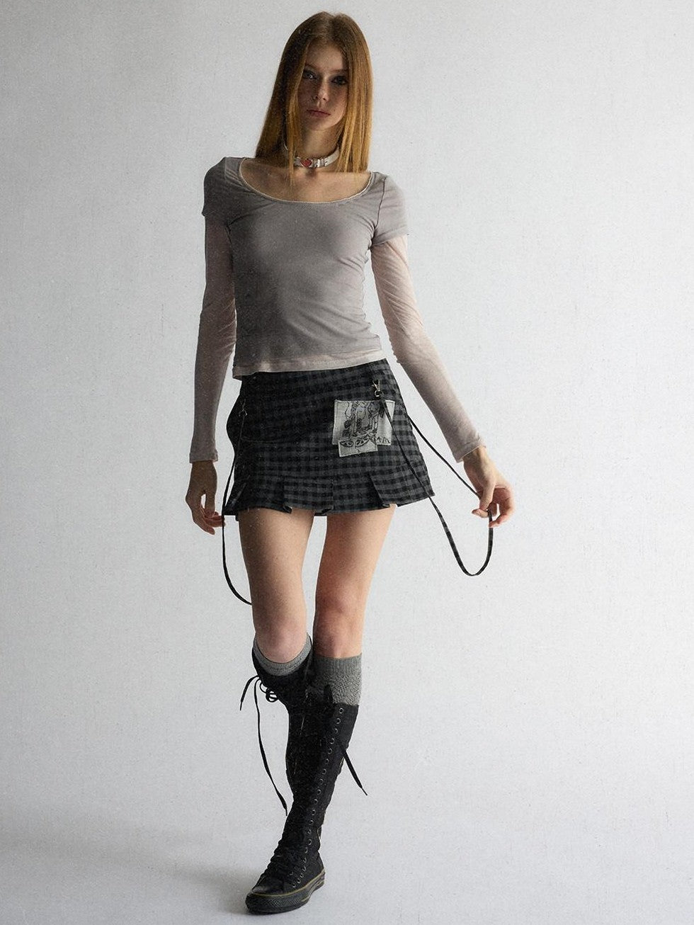 UNIVERSE Plaid Applique Embroidered Low Waist Aline Slim Women's Polyester Mini Skirts