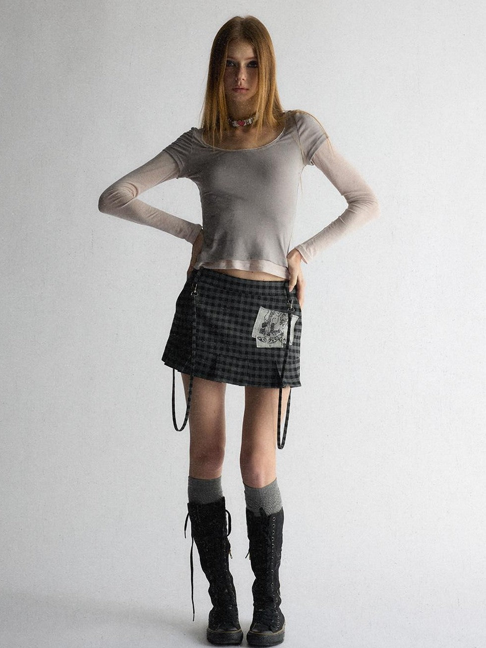 UNIVERSE Plaid Applique Embroidered Low Waist Aline Slim Women's Polyester Mini Skirts
