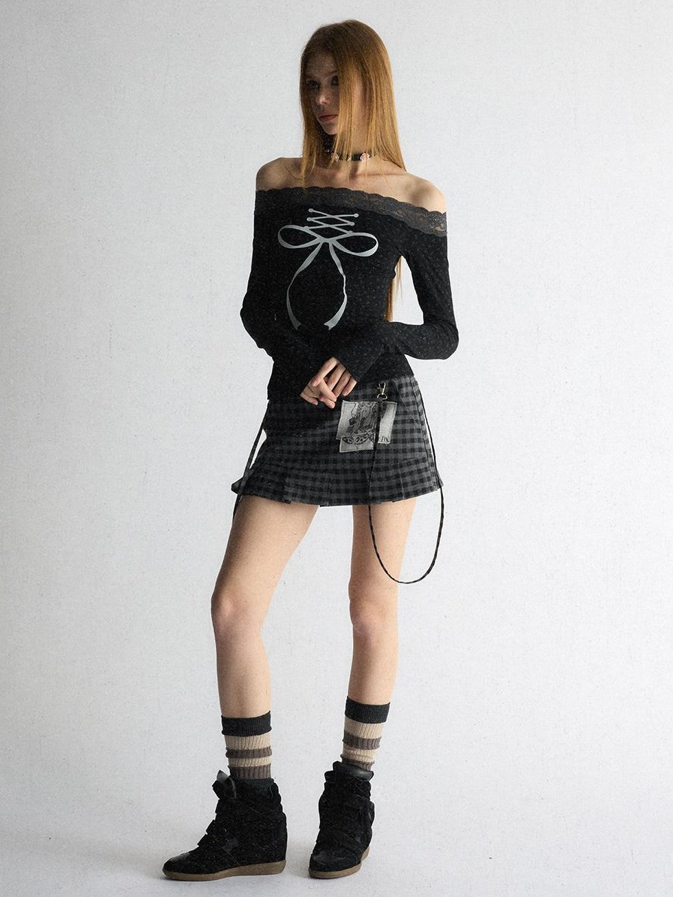 UNIVERSE Plaid Applique Embroidered Low Waist Aline Slim Women's Polyester Mini Skirts