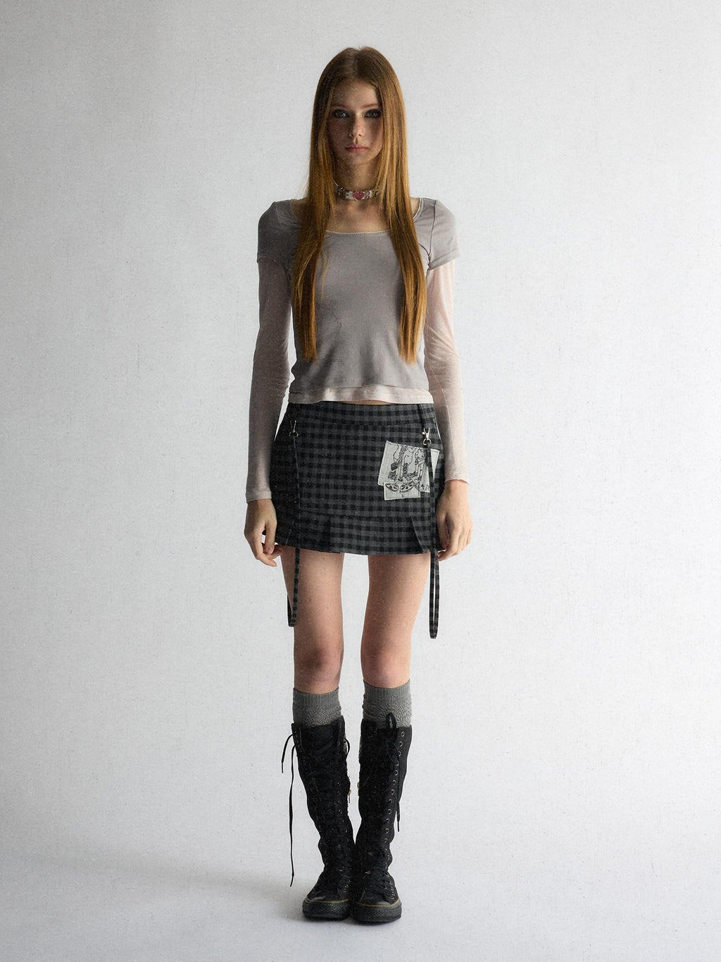 UNIVERSE Plaid Applique Embroidered Low Waist Aline Slim Women's Polyester Mini Skirts