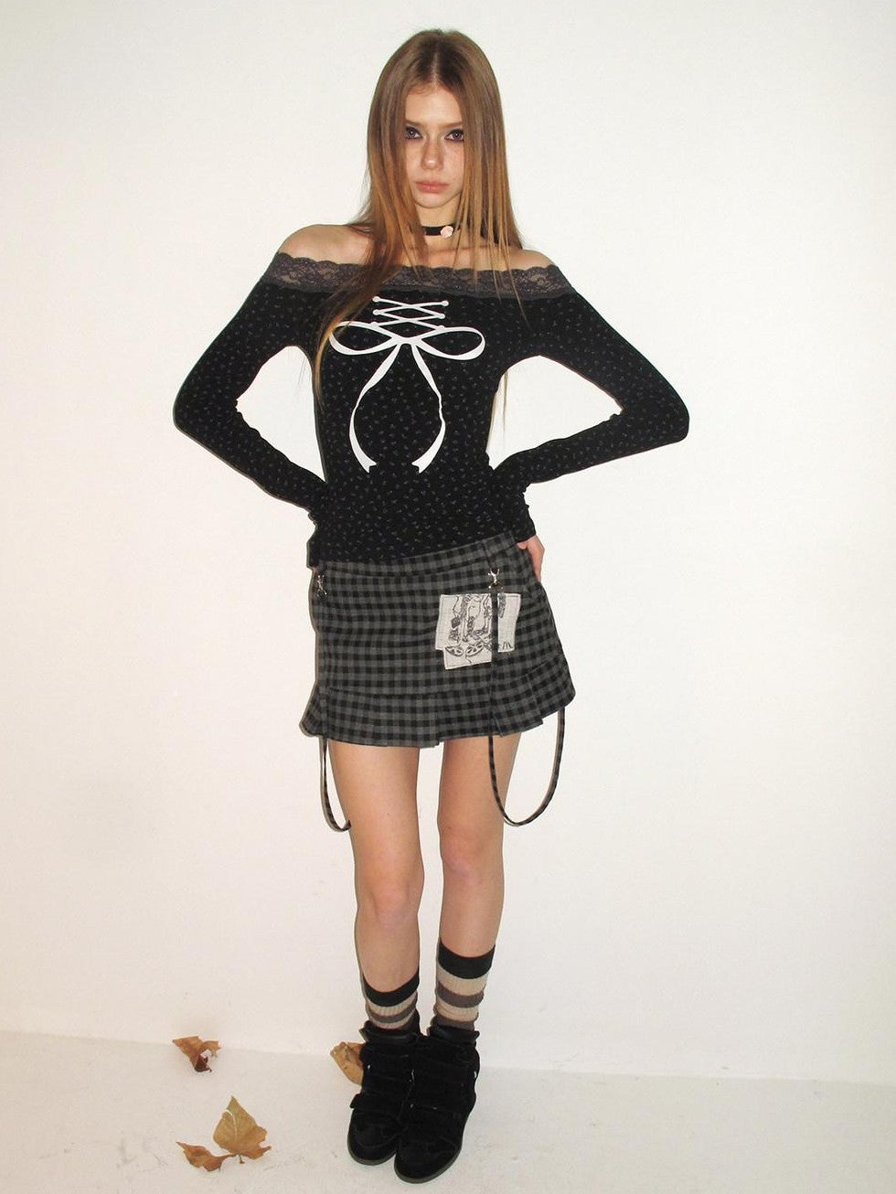 UNIVERSE Plaid Applique Embroidered Low Waist Aline Slim Women's Polyester Mini Skirts