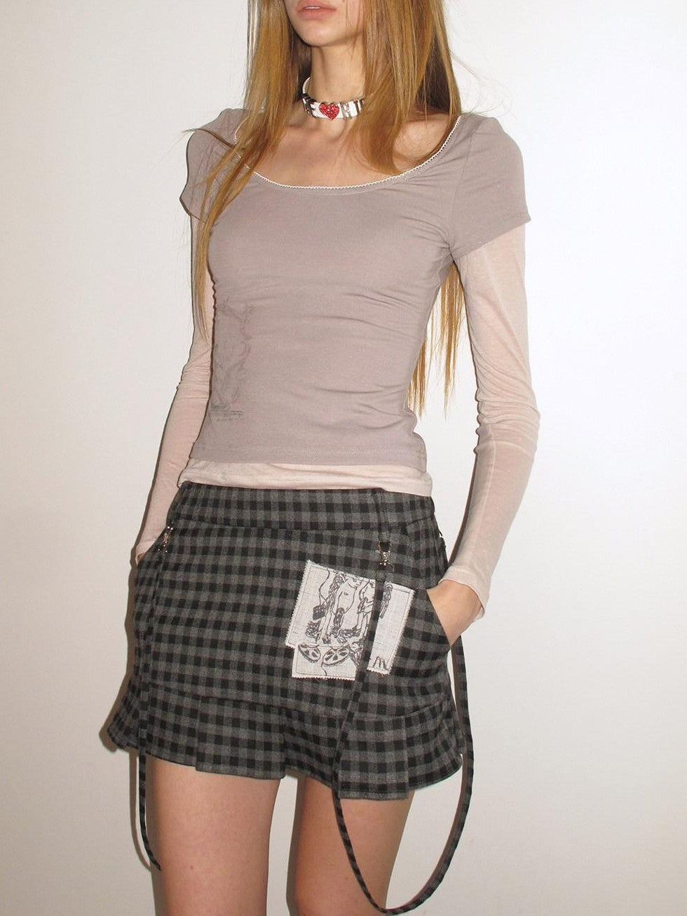 UNIVERSE Plaid Applique Embroidered Low Waist Aline Slim Women's Polyester Mini Skirts