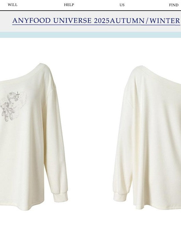 UNIVERSE Playful Vintage Teddy Print One Shoulder Women's Long Sleeve T-shirts