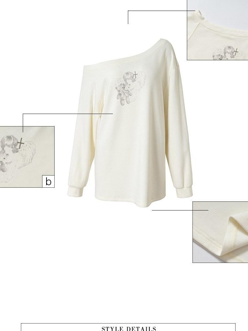 UNIVERSE Playful Vintage Teddy Print One Shoulder Women's Long Sleeve T-shirts