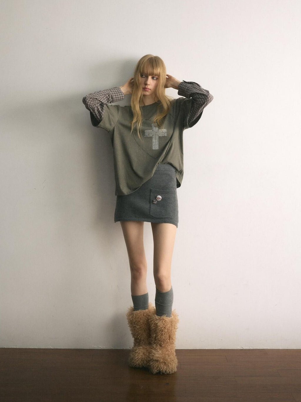 UNIVERSE Pleated Knit Slim Low Waist A Line Vintage Women's Cotton Blend Mini Skirts