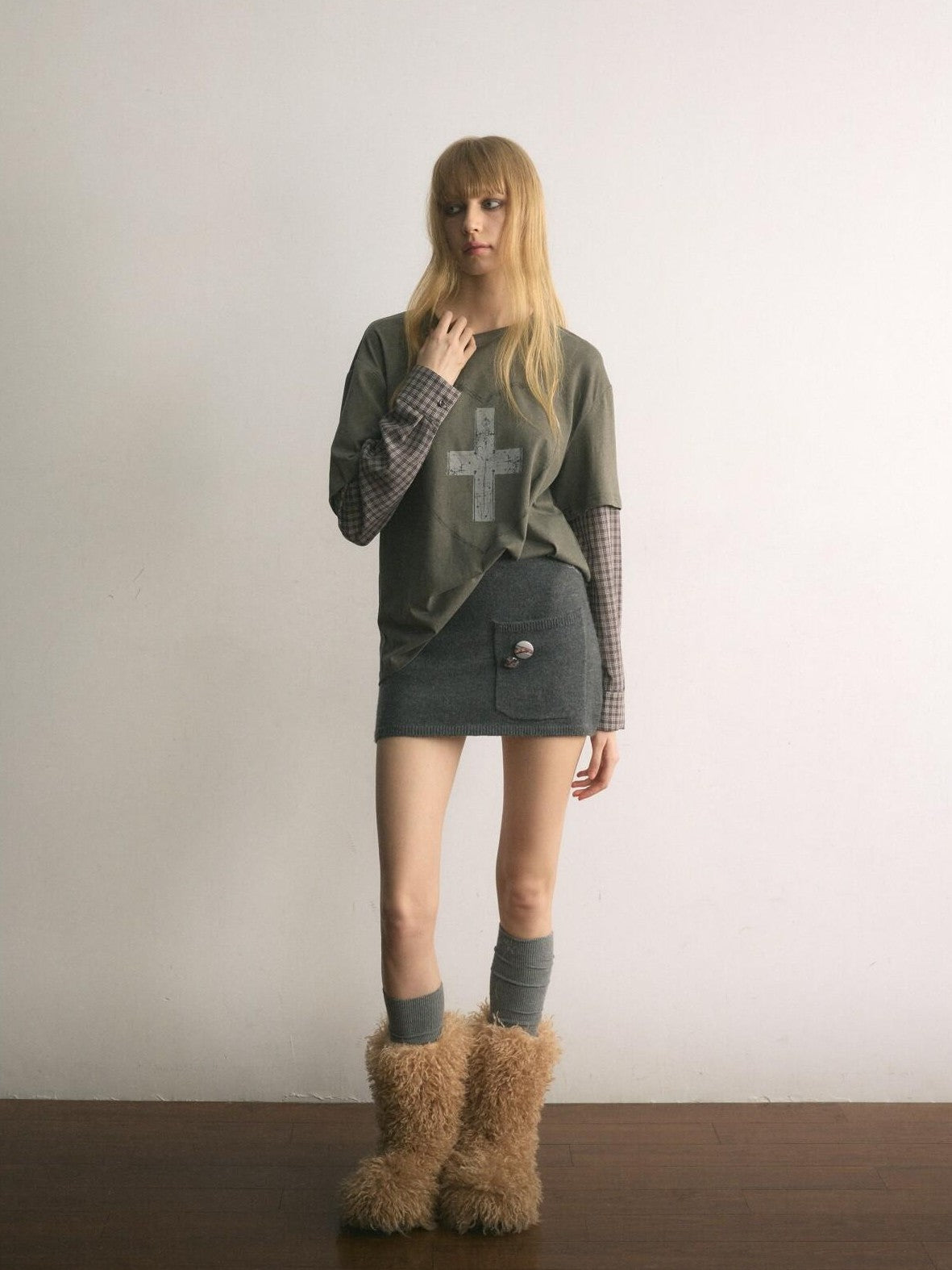 UNIVERSE Pleated Knit Slim Low Waist A Line Vintage Women's Cotton Blend Mini Skirts