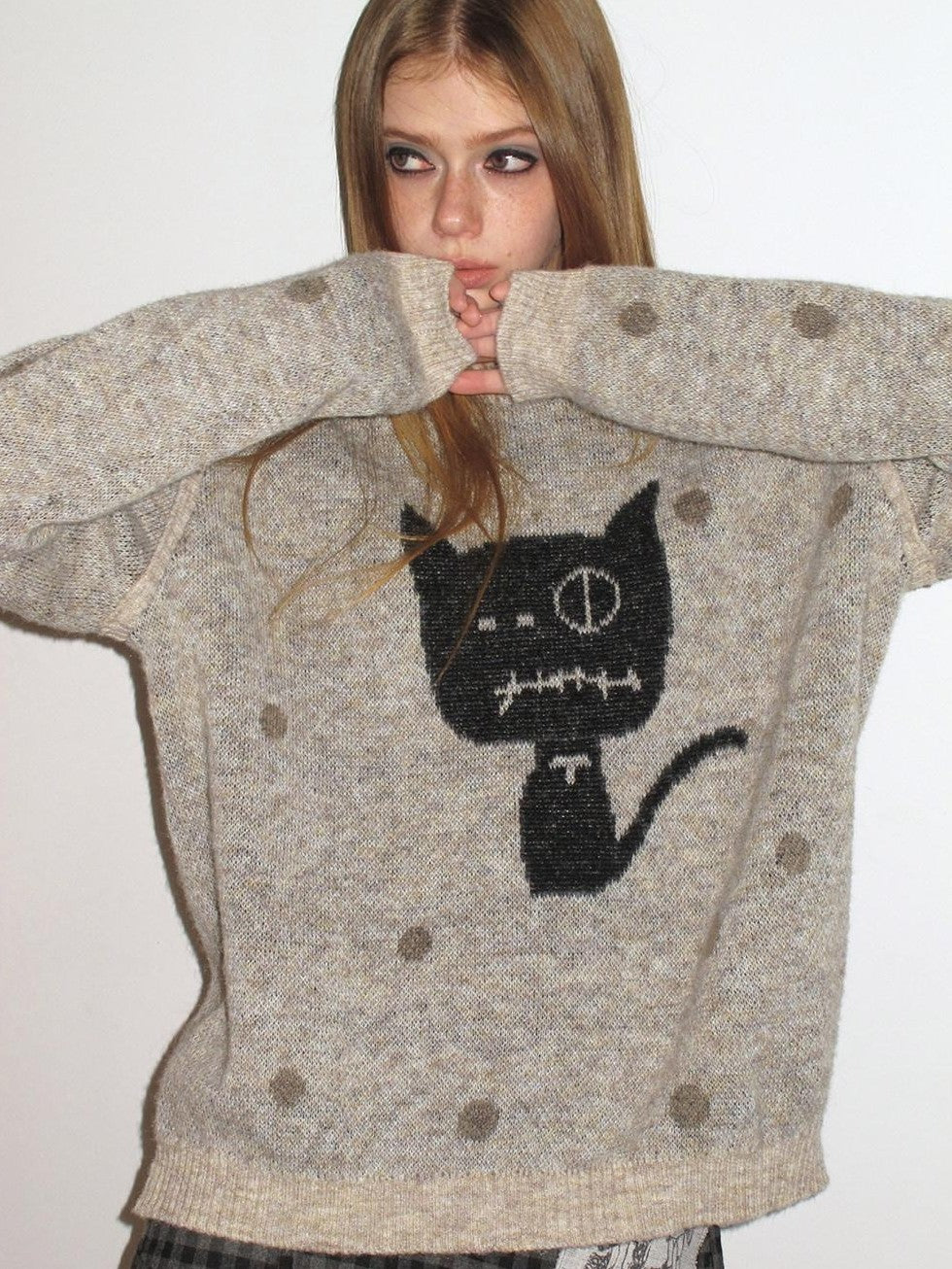 UNIVERSE Polka Dot Cat Fake Layered Crewneck Women's Polyester Blend Pullover Sweaters