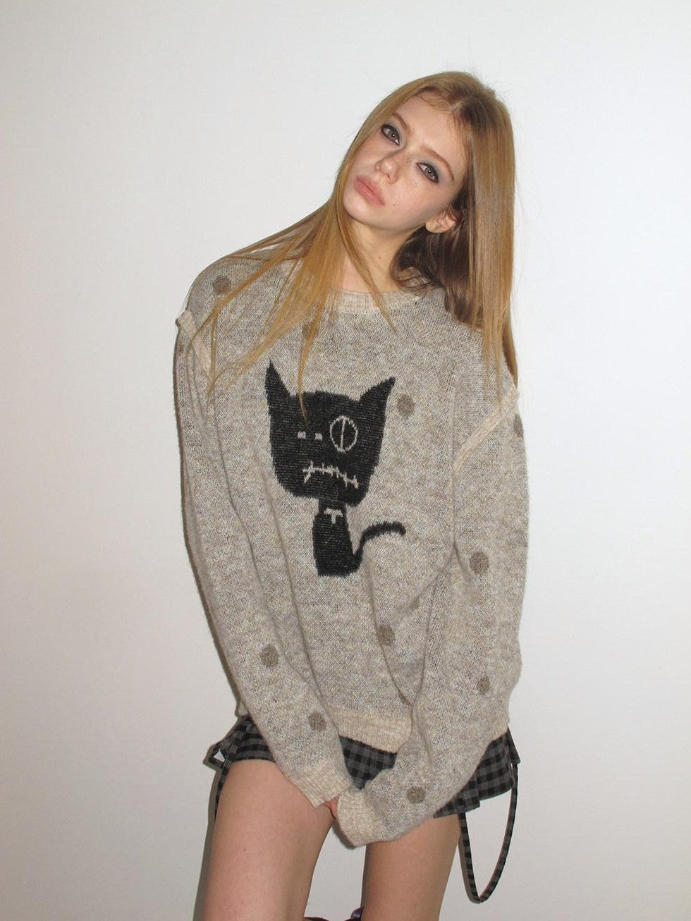 UNIVERSE Polka Dot Cat Fake Layered Crewneck Women's Polyester Blend Pullover Sweaters