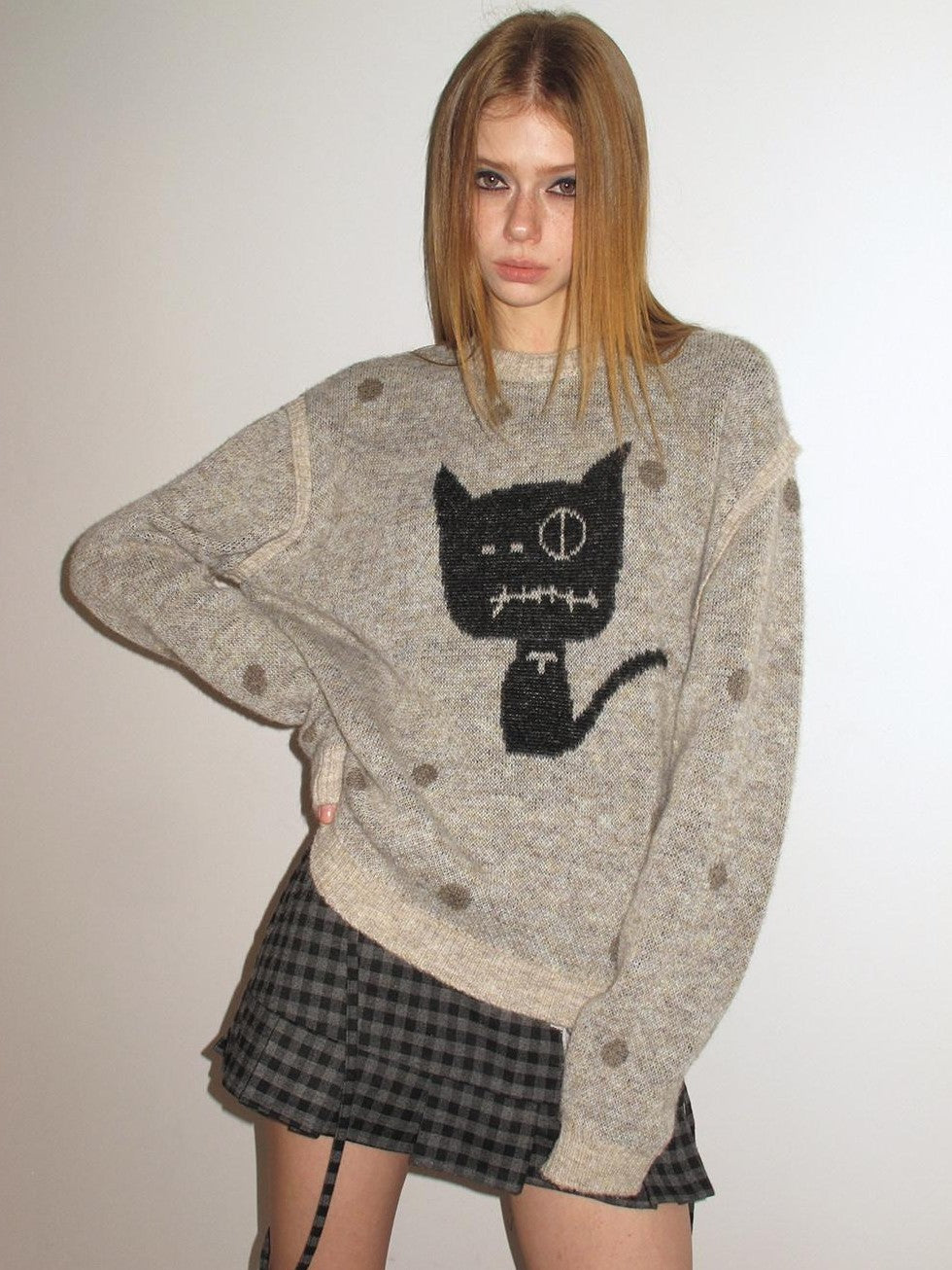 UNIVERSE Polka Dot Cat Fake Layered Crewneck Women's Polyester Blend Pullover Sweaters