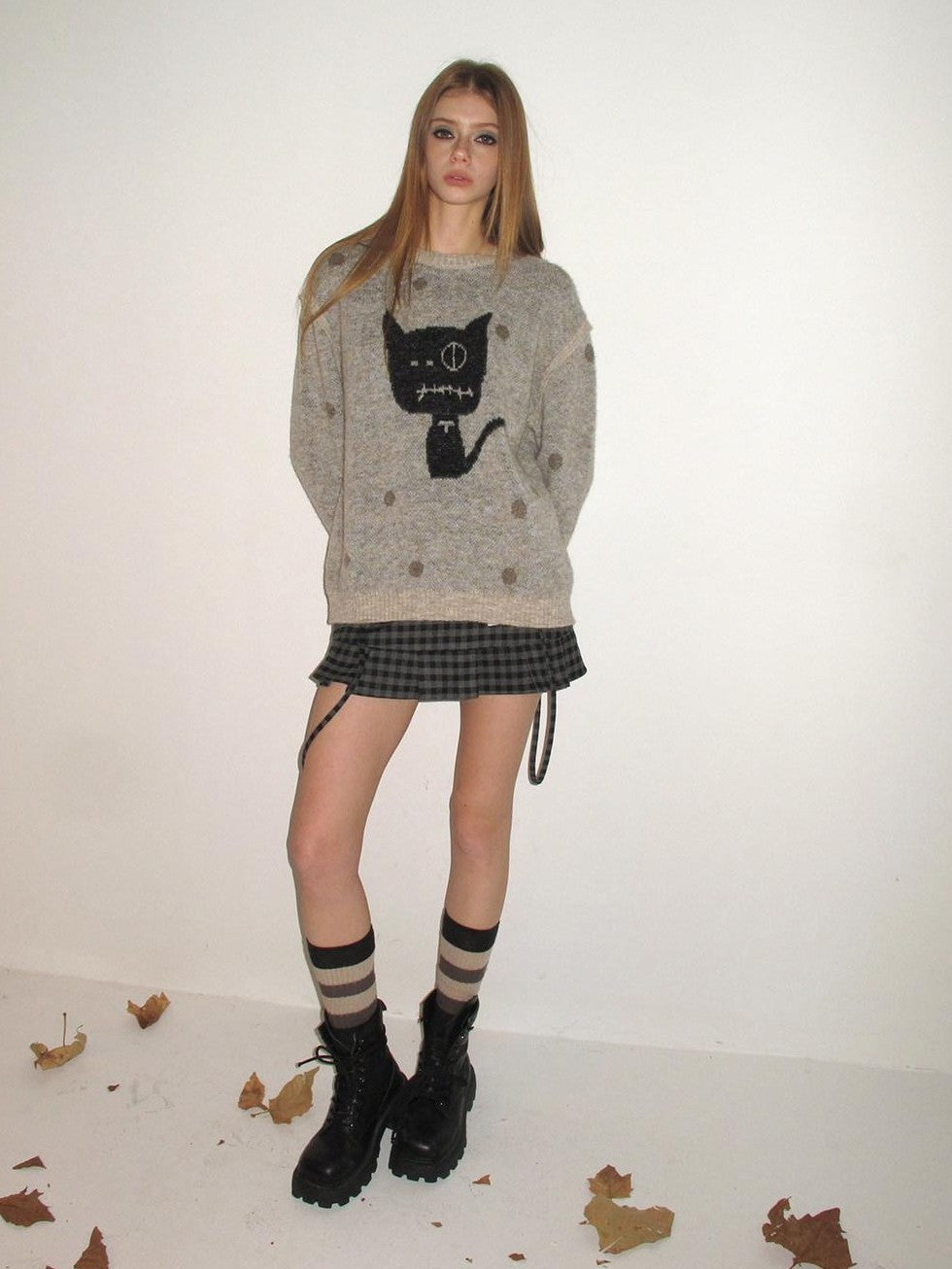 UNIVERSE Polka Dot Cat Fake Layered Crewneck Women's Polyester Blend Pullover Sweaters