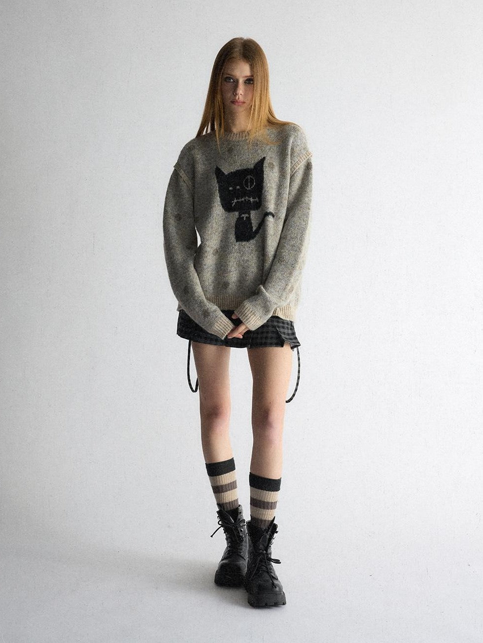 UNIVERSE Polka Dot Cat Fake Layered Crewneck Women's Polyester Blend Pullover Sweaters