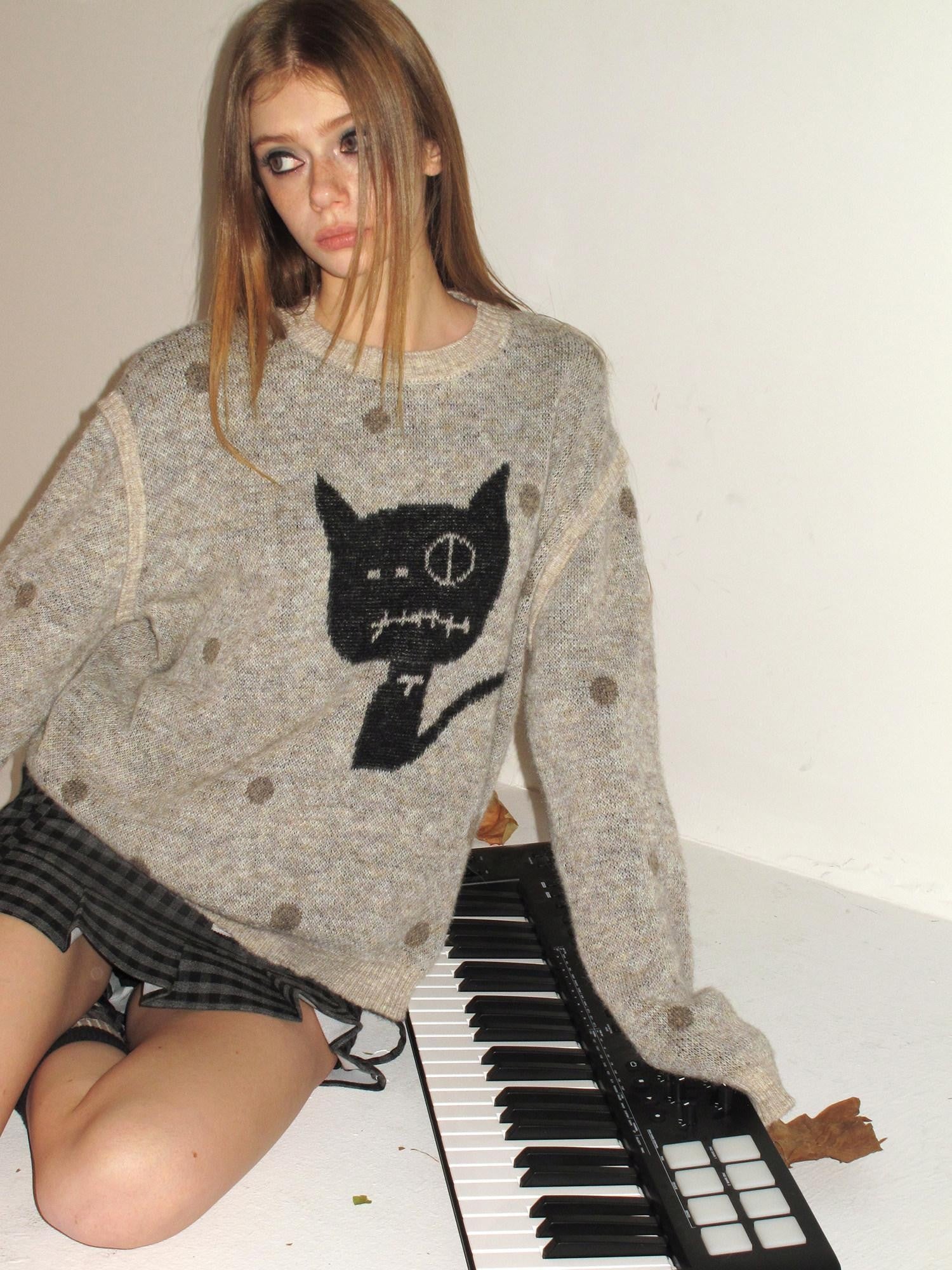 UNIVERSE Polka Dot Cat Fake Layered Crewneck Women's Polyester Blend Pullover Sweaters