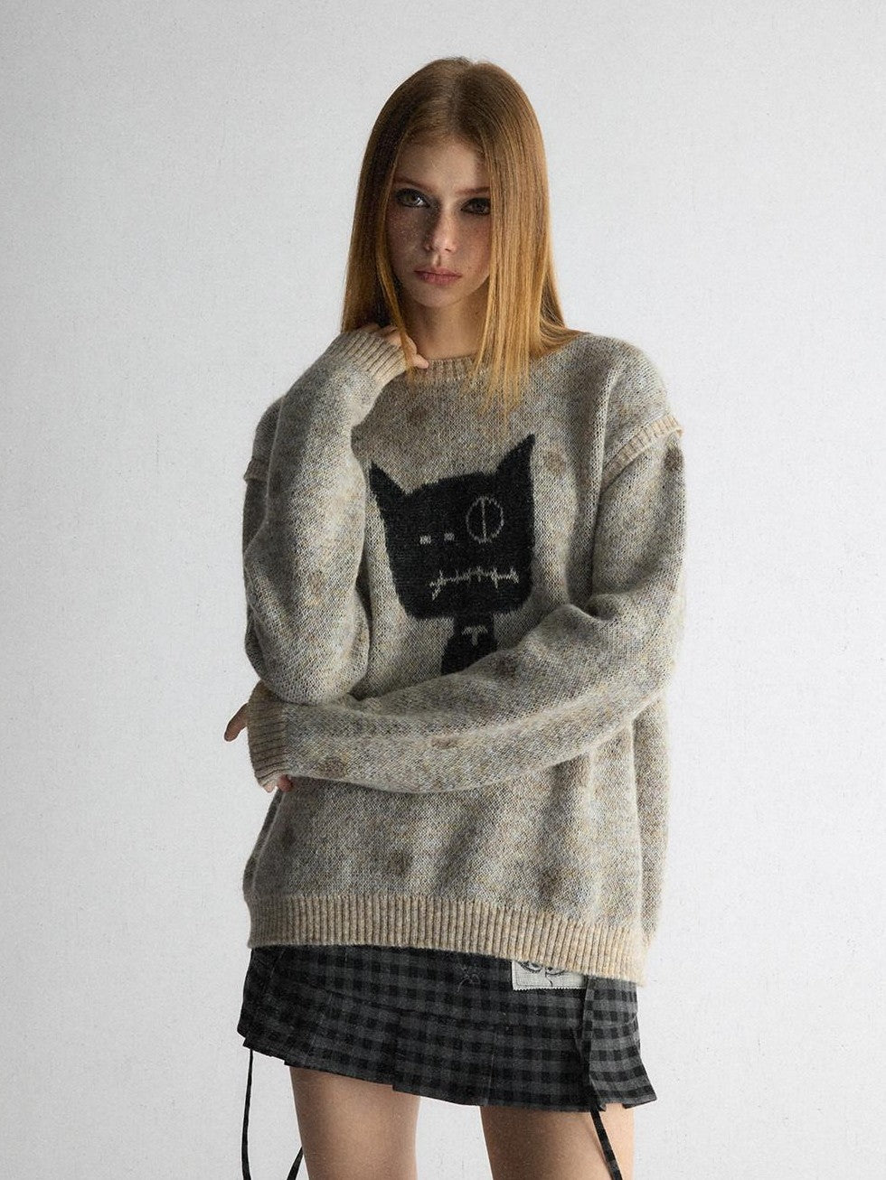 UNIVERSE Polka Dot Cat Fake Layered Crewneck Women's Polyester Blend Pullover Sweaters