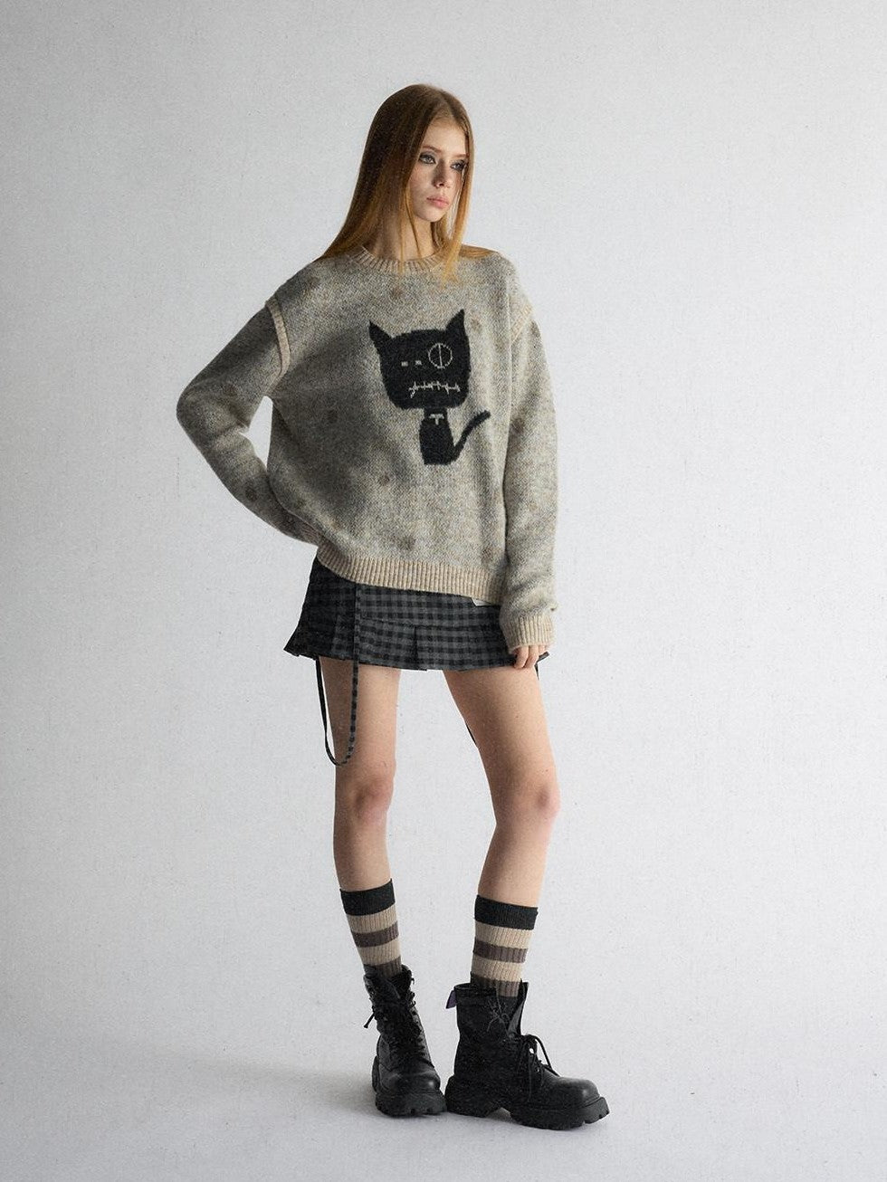 UNIVERSE Polka Dot Cat Fake Layered Crewneck Women's Polyester Blend Pullover Sweaters