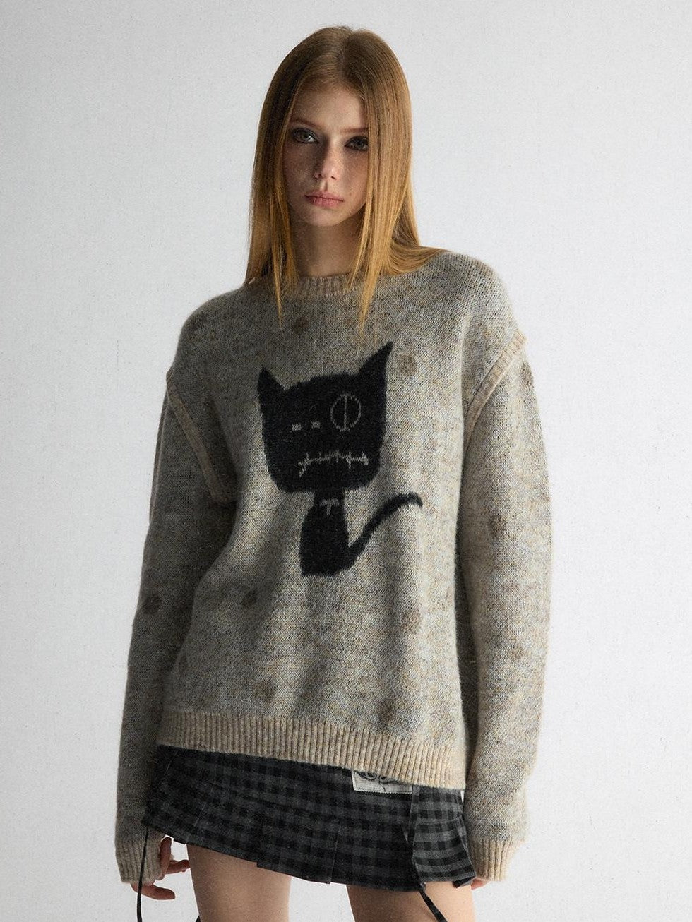 UNIVERSE Polka Dot Cat Fake Layered Crewneck Women's Polyester Blend Pullover Sweaters
