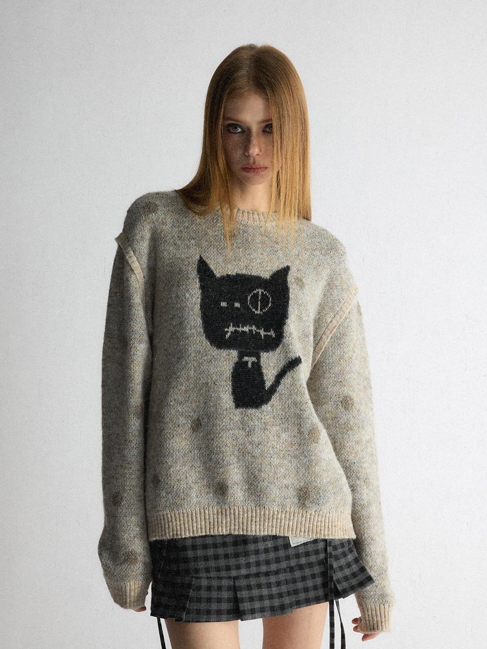 UNIVERSE Polka Dot Cat Fake Layered Crewneck Women's Polyester Blend Pullover Sweaters